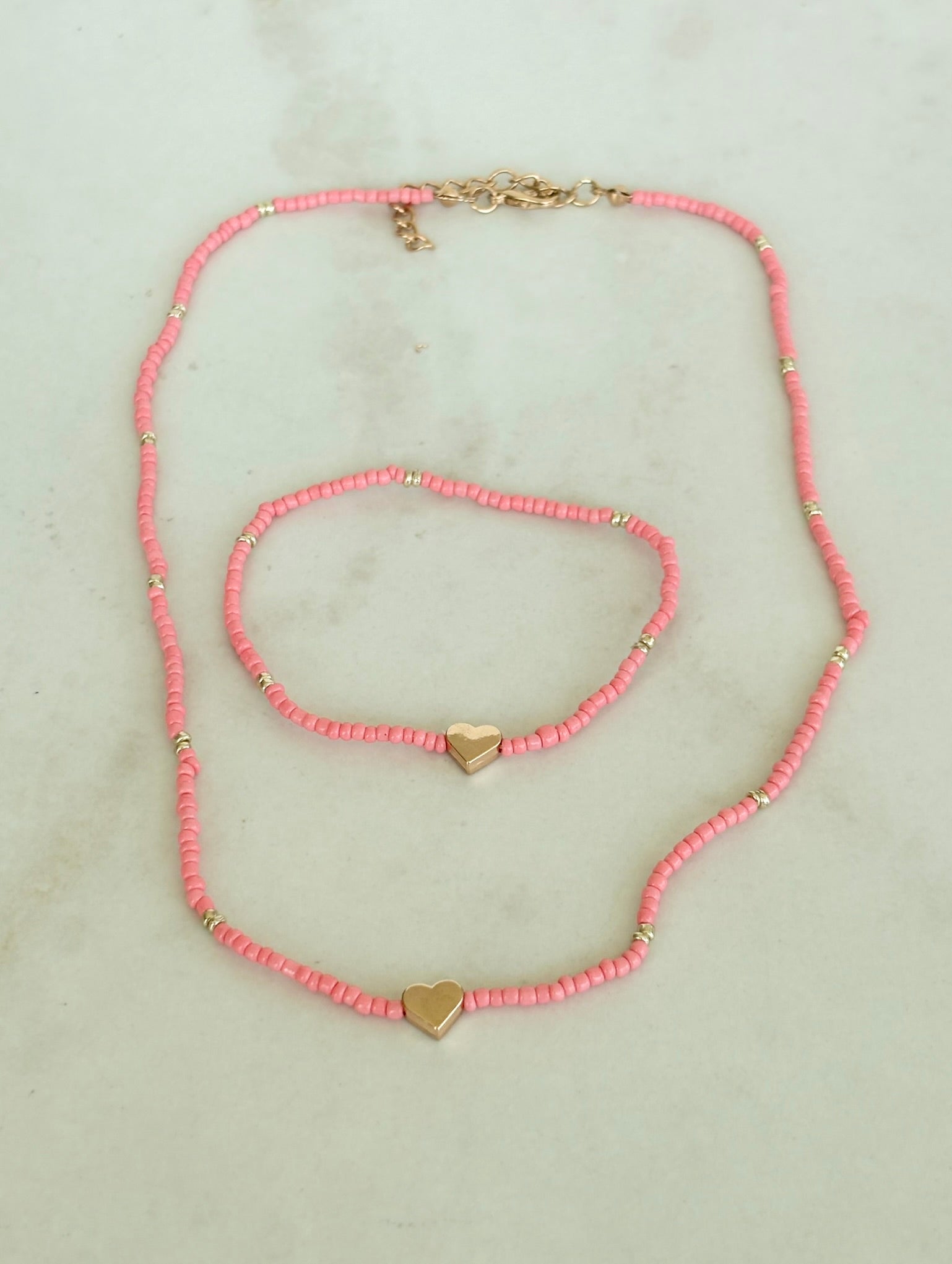 Pink Heart Necklace & Bracelet Set