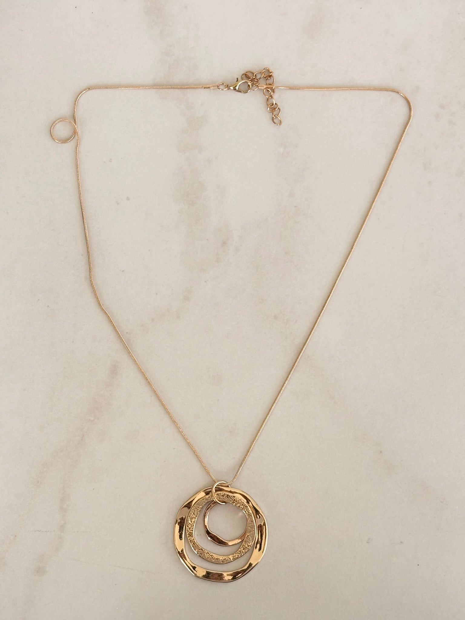 Triple Ring Long Gold Pendant Necklace