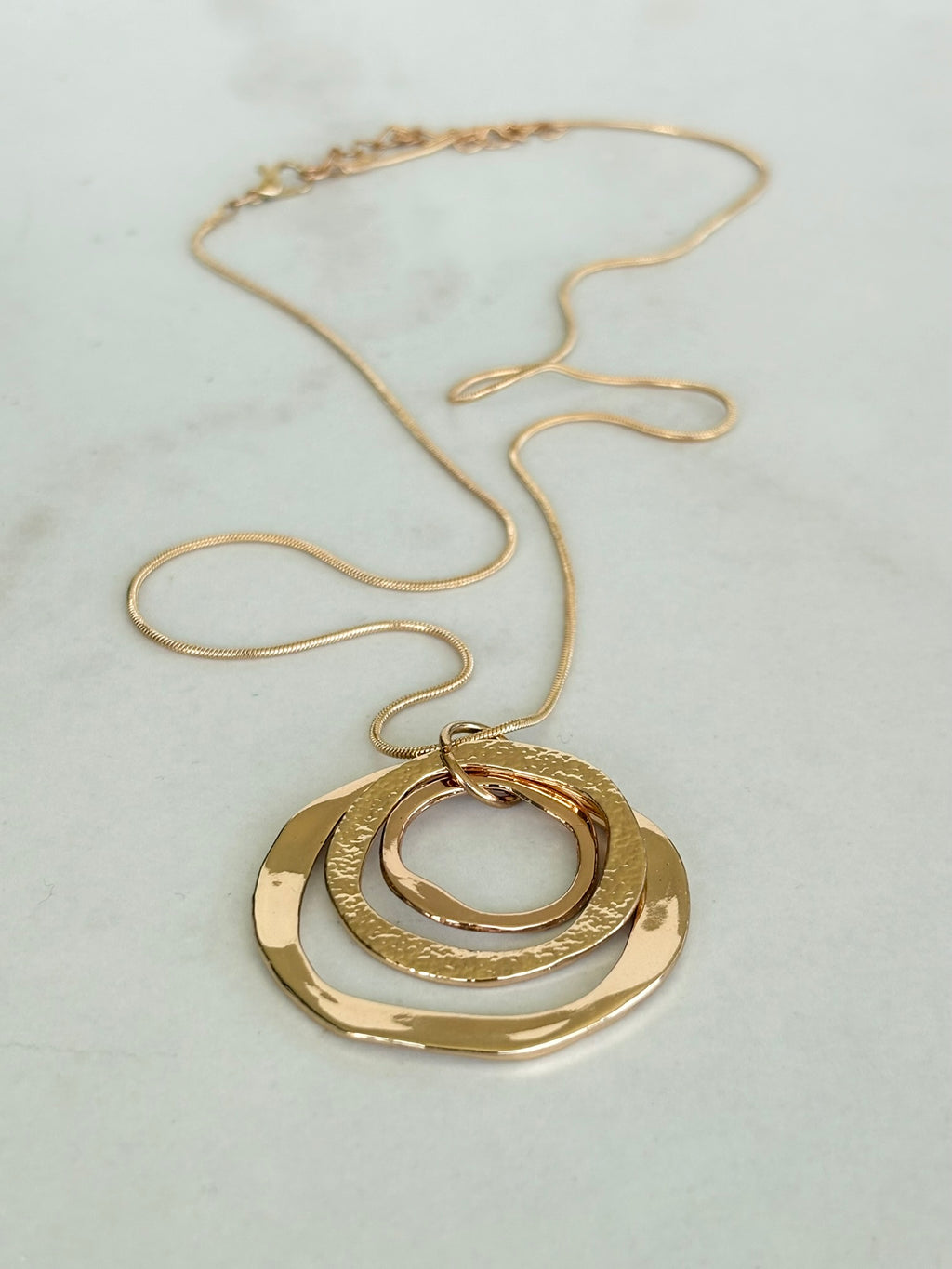 Triple Ring Long Gold Pendant Necklace