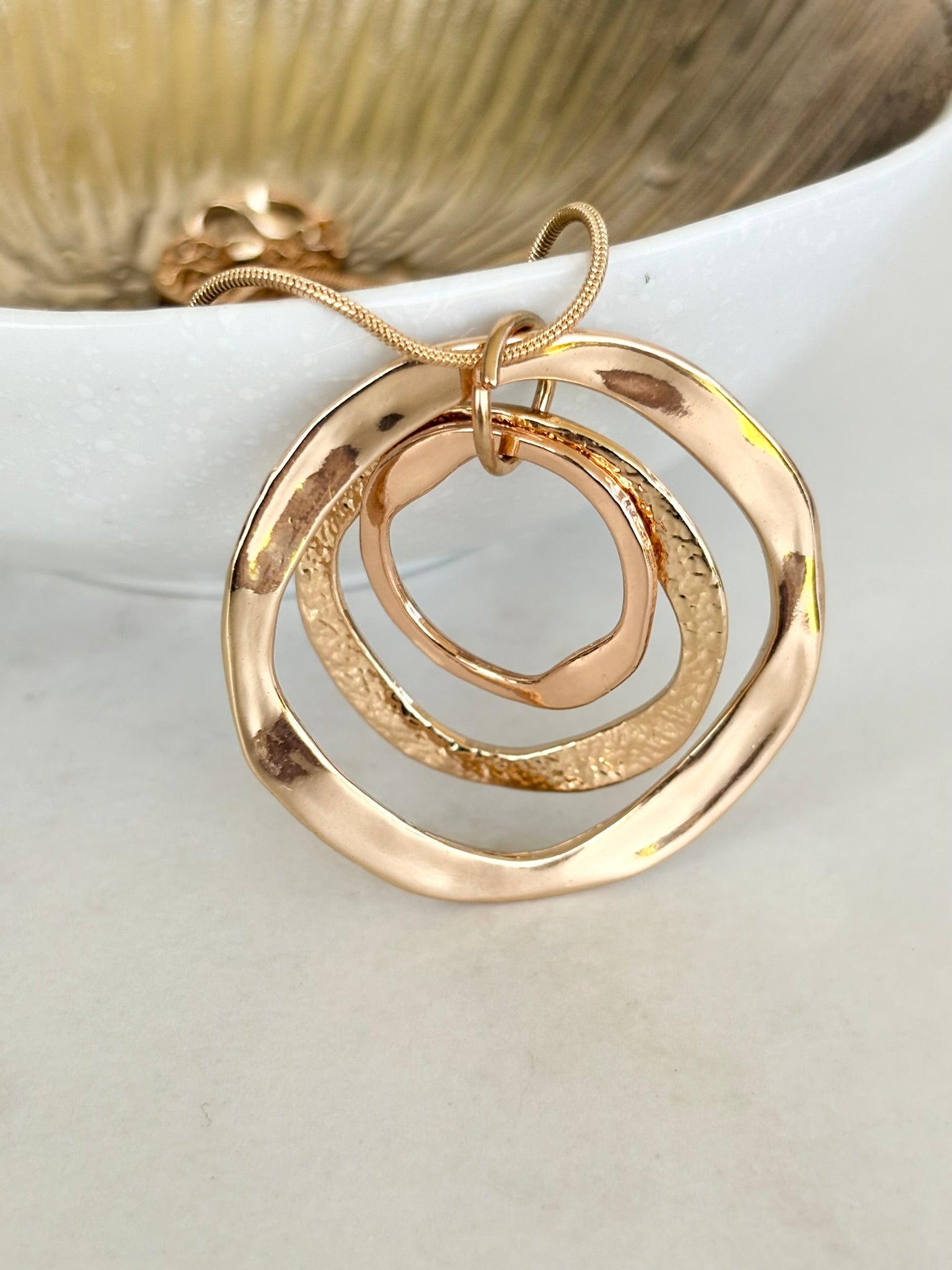 Triple Ring Long Gold Pendant Necklace