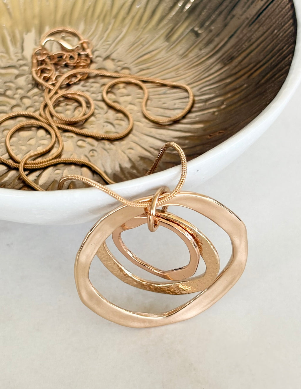 Triple Ring Long Gold Pendant Necklace