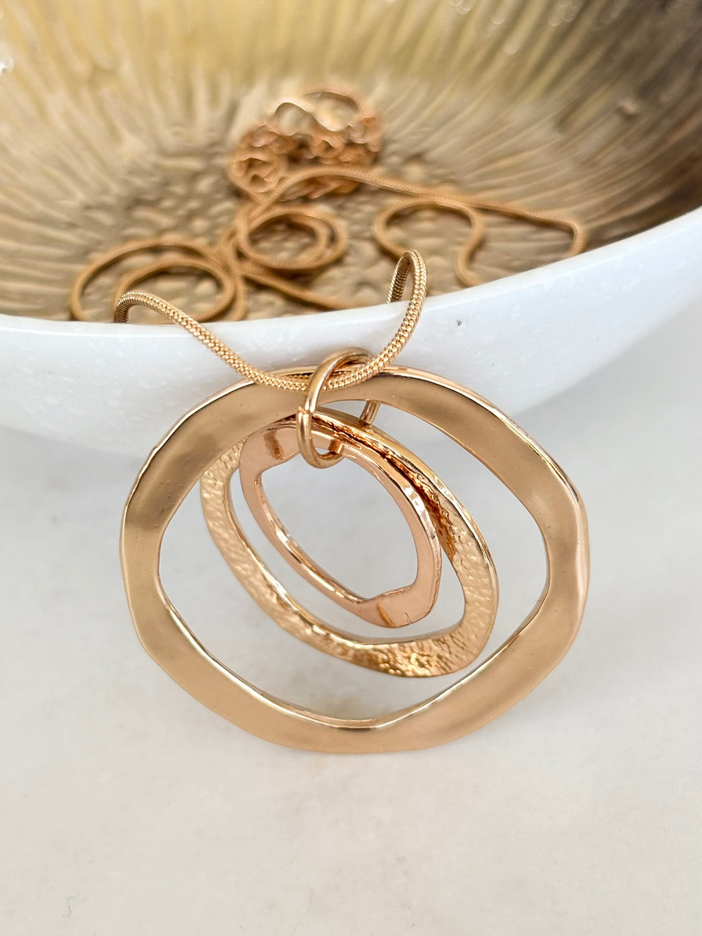 Triple Ring Long Gold Pendant Necklace