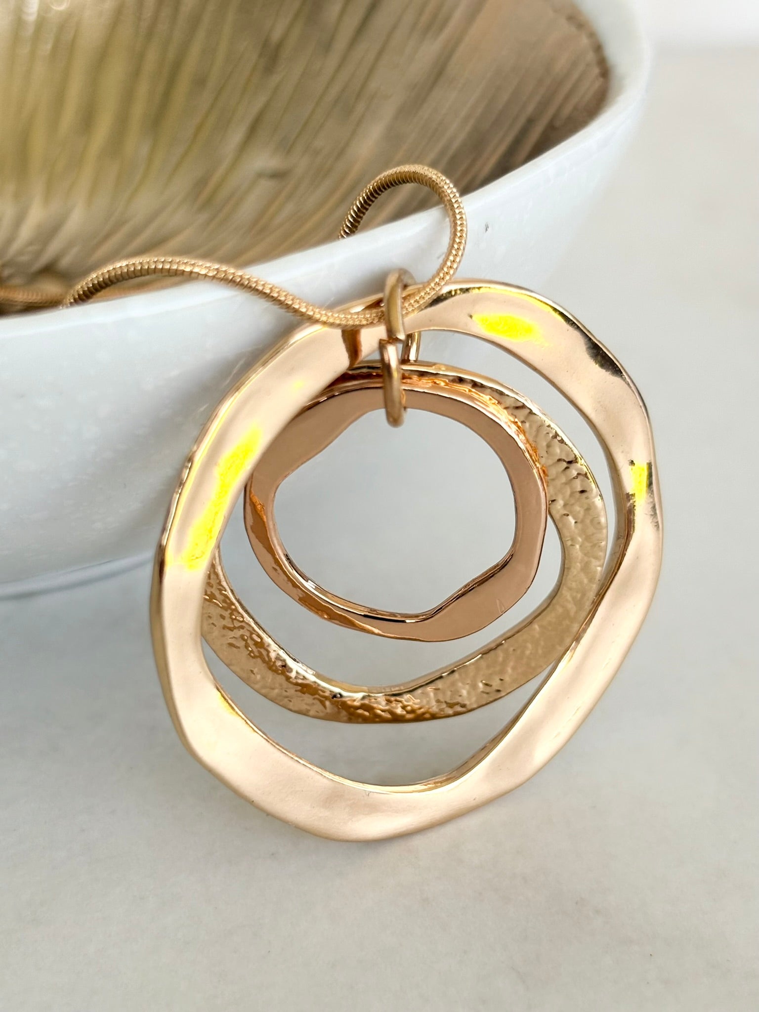 Triple Ring Long Gold Pendant Necklace