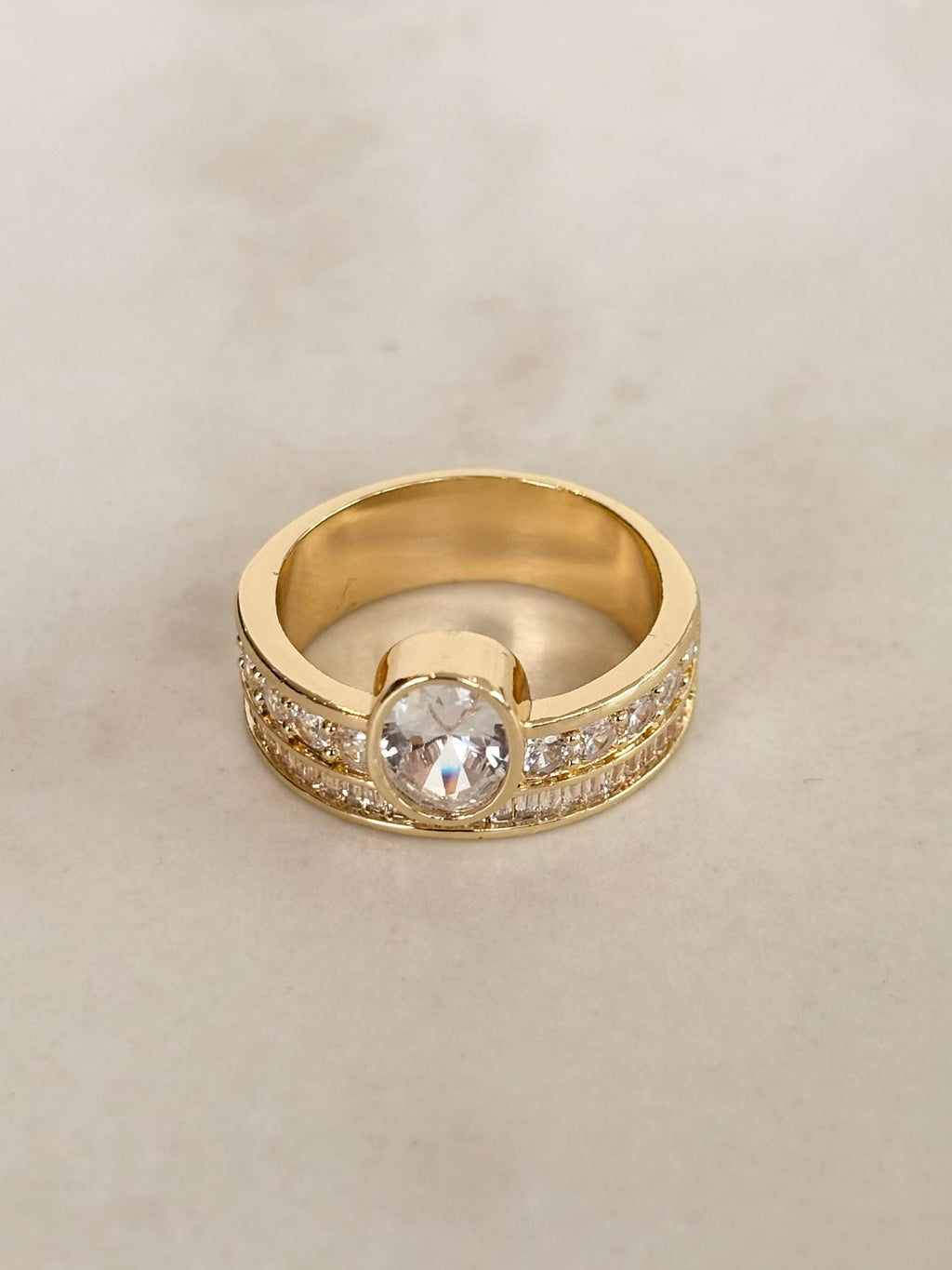 Gold Wide Band Round CZ Bezel Ring with Stone Rows