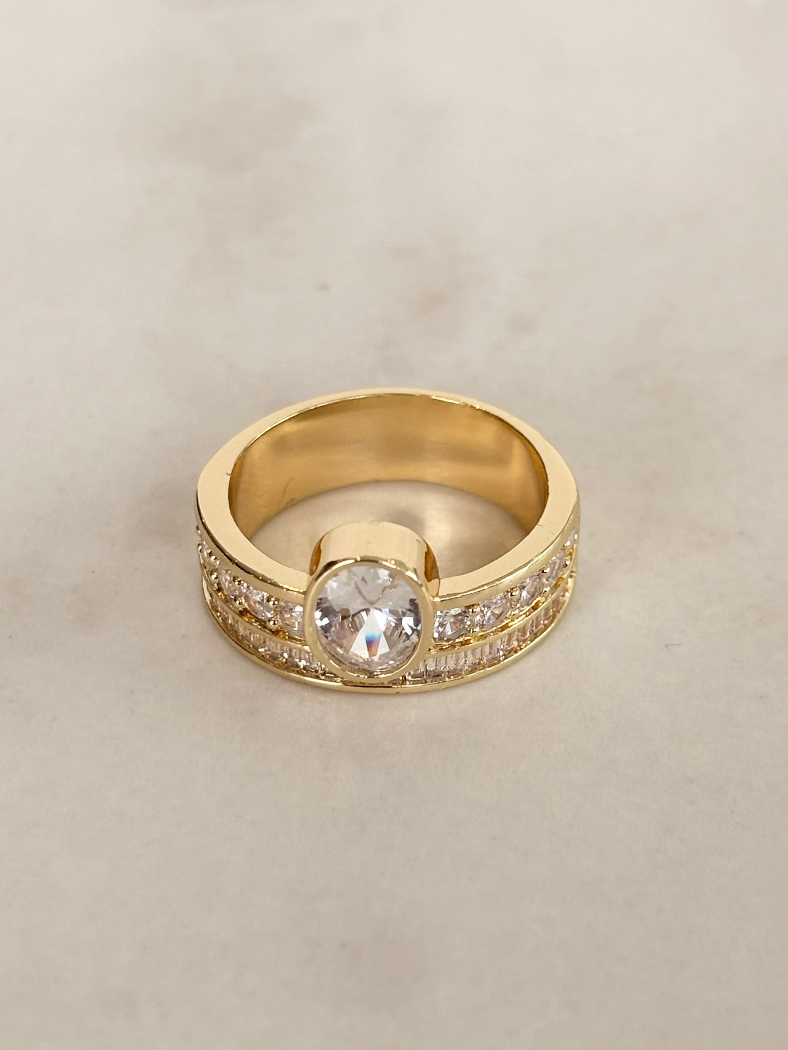 Gold Wide Band Round CZ Bezel Ring with Stone Rows