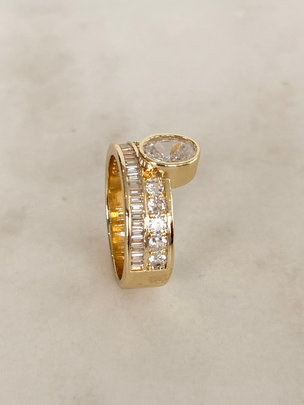 Gold Wide Band Round CZ Bezel Ring with Stone Rows