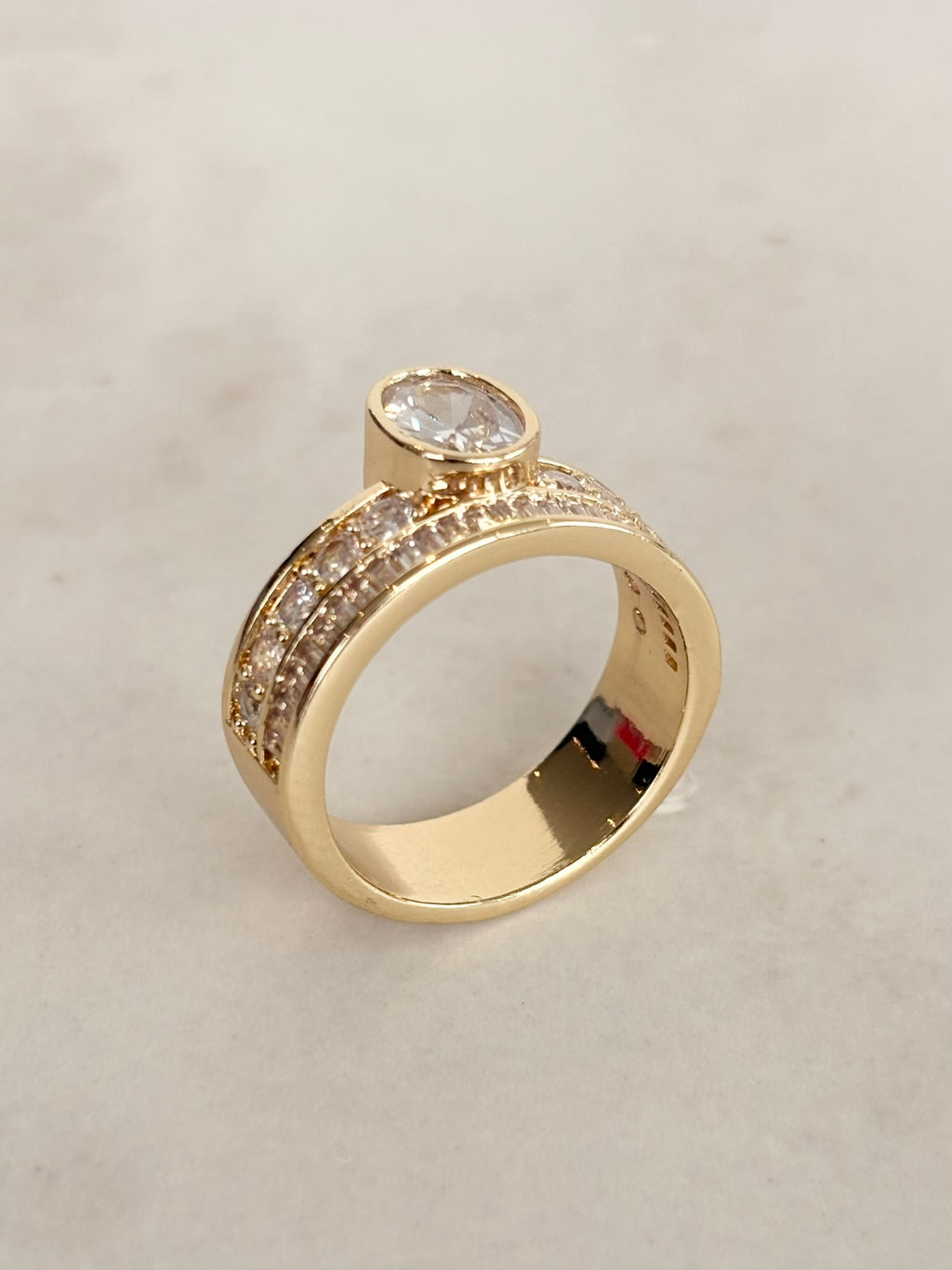 Gold Wide Band Round CZ Bezel Ring with Stone Rows