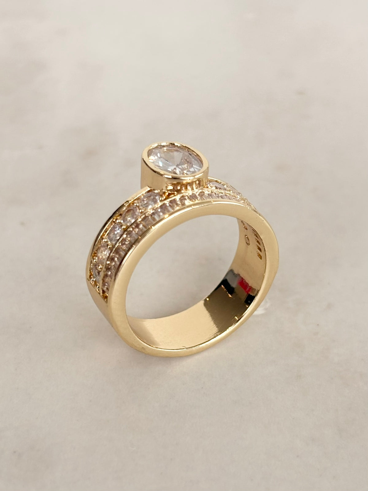 Gold Wide Band Round CZ Bezel Ring with Stone Rows