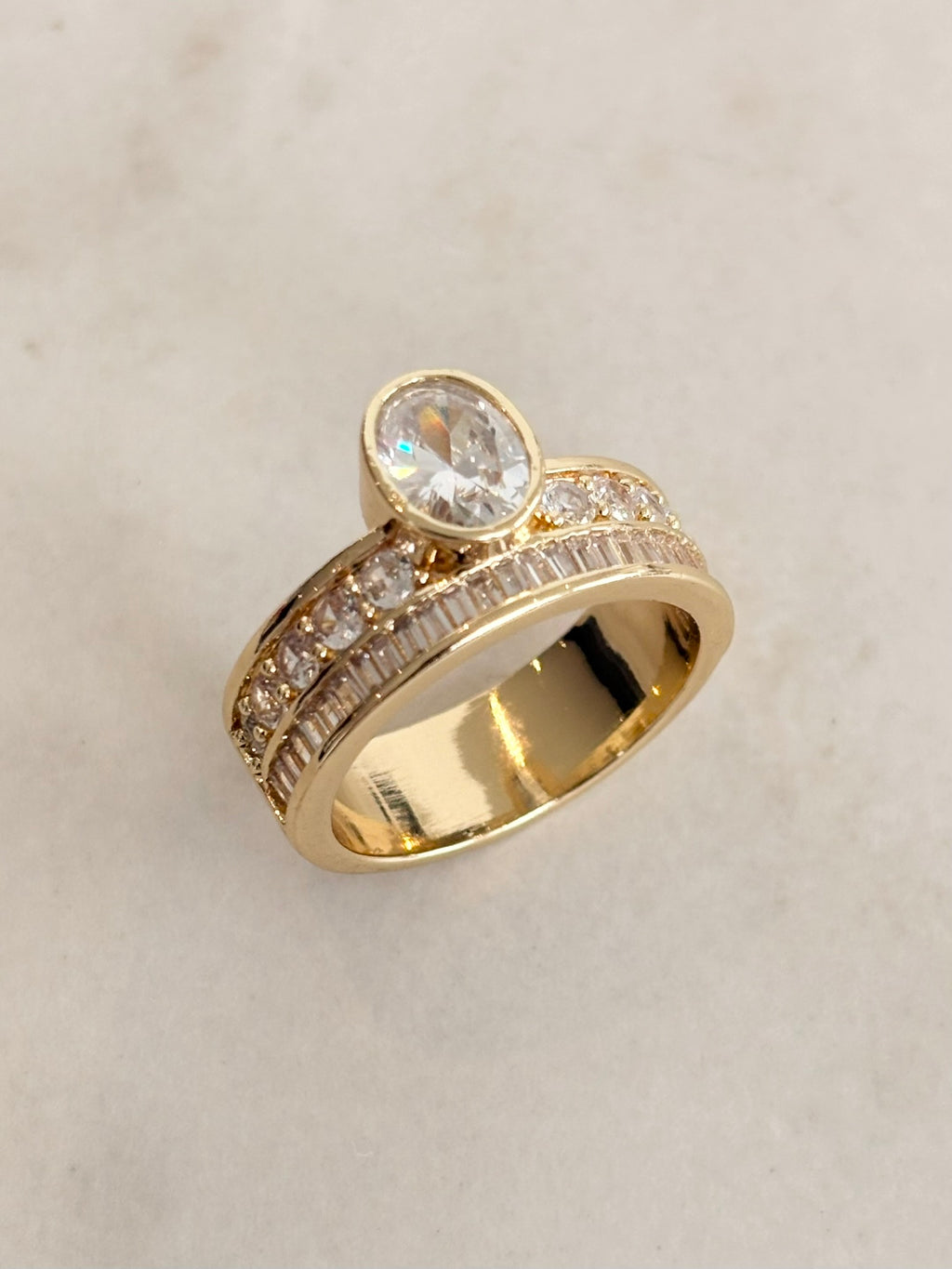 Gold Wide Band Round CZ Bezel Ring with Stone Rows