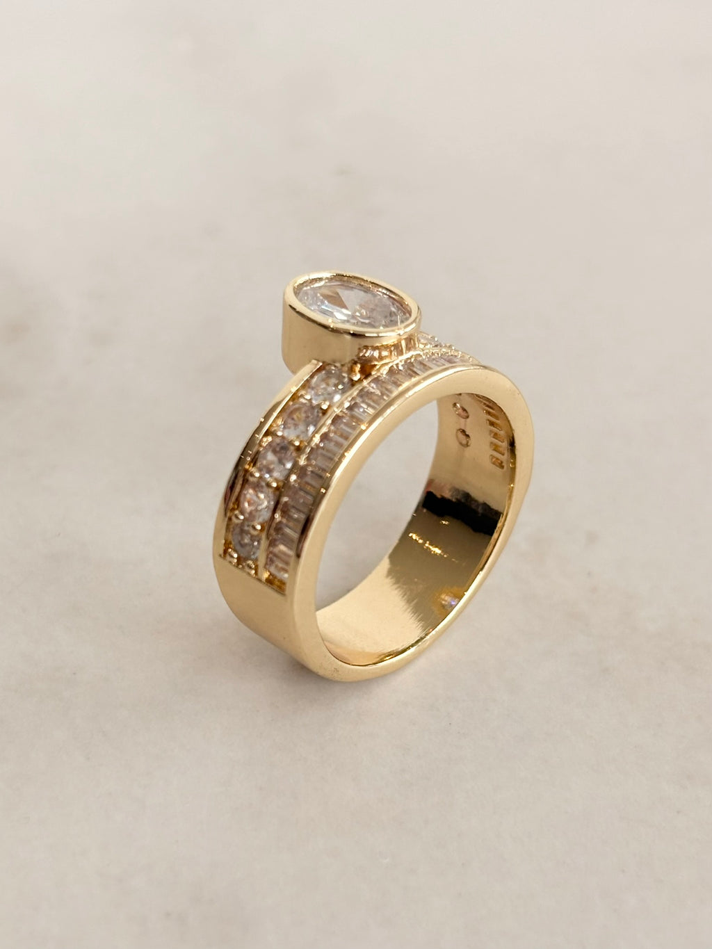 Gold Wide Band Round CZ Bezel Ring with Stone Rows