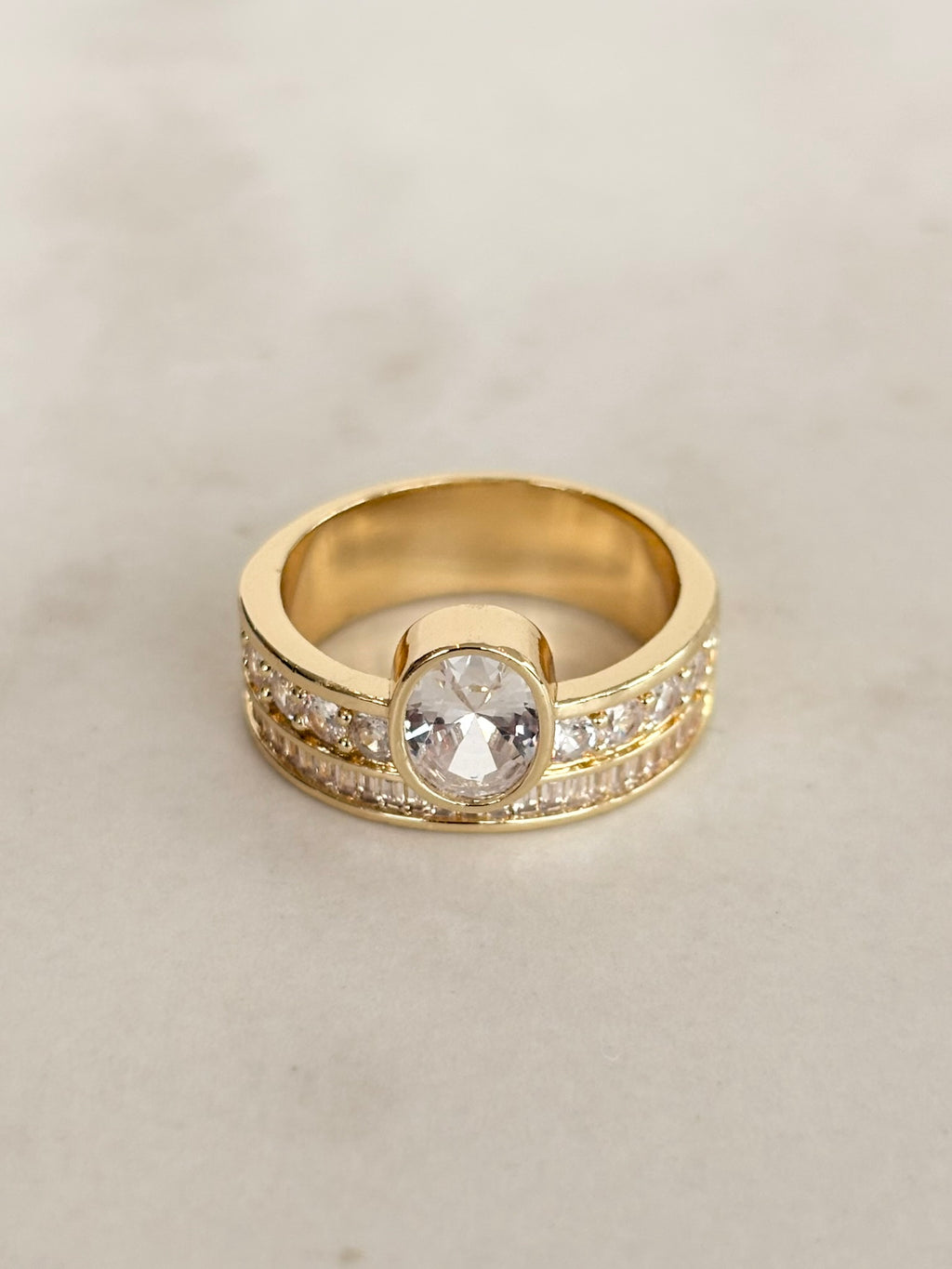 Gold Wide Band Round CZ Bezel Ring with Stone Rows