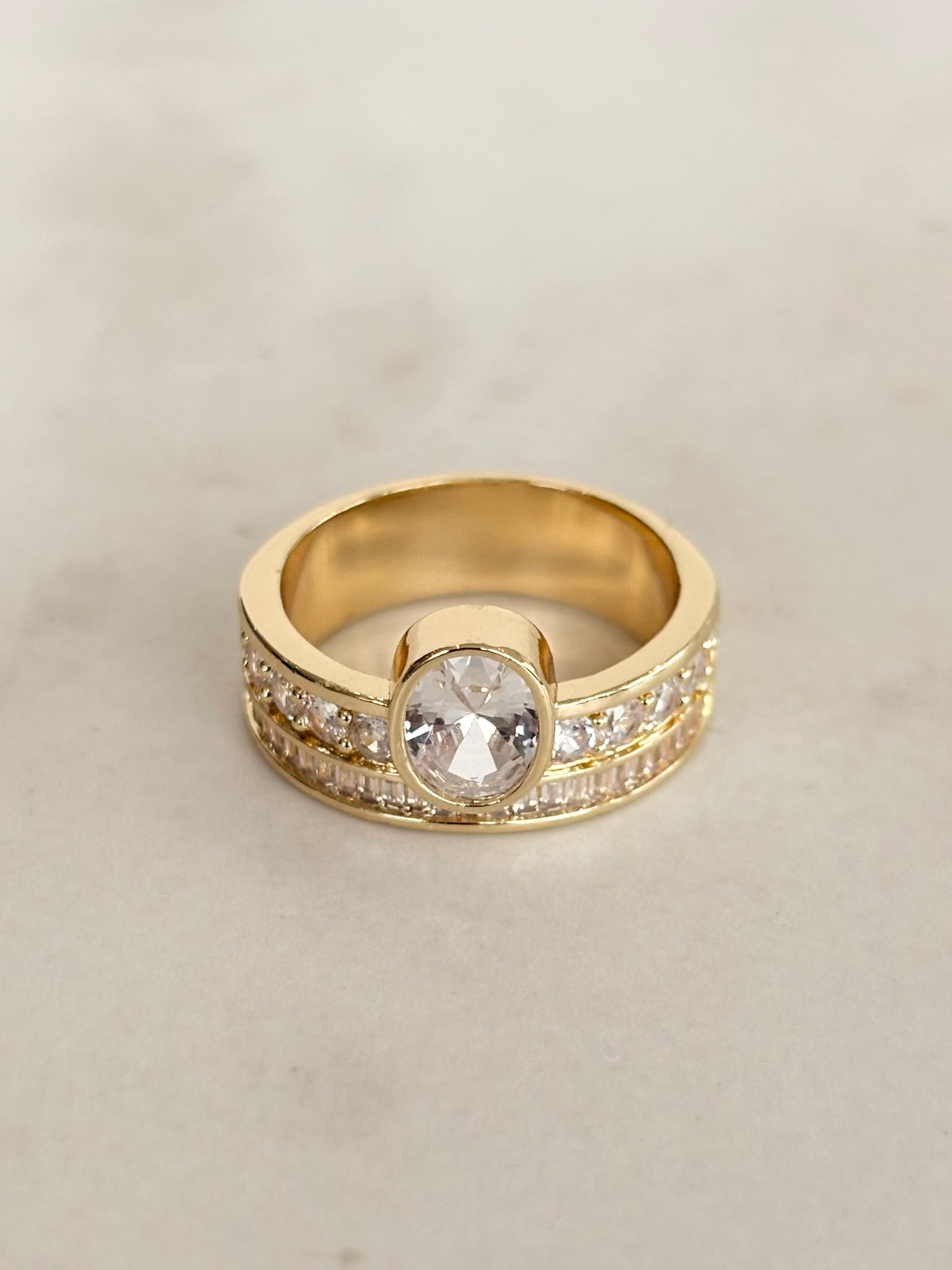 Gold Wide Band Round CZ Bezel Ring with Stone Rows