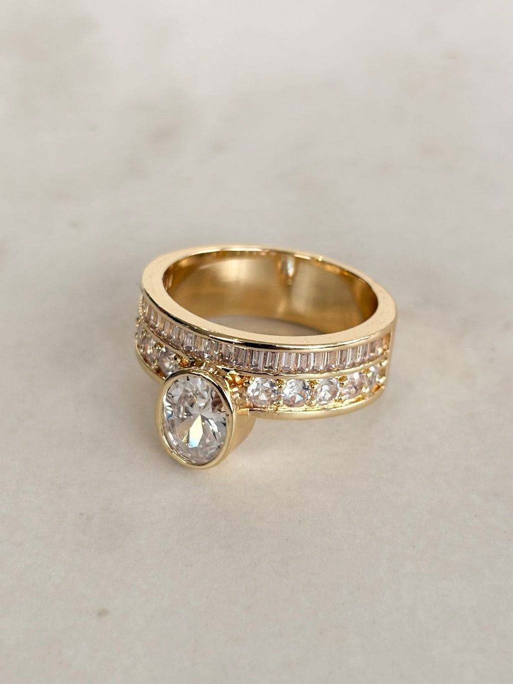 Gold Wide Band Round CZ Bezel Ring with Stone Rows