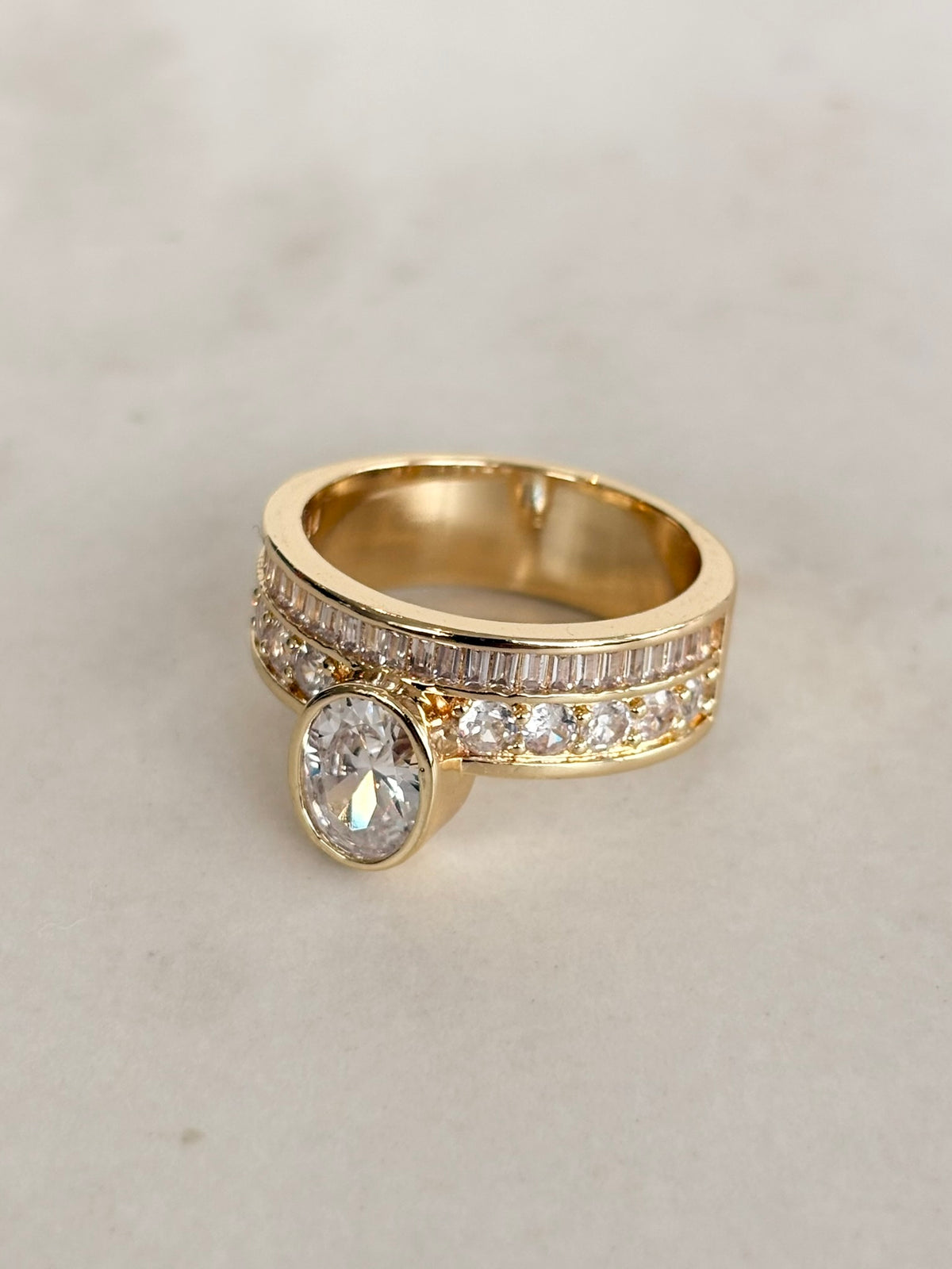 Gold Wide Band Round CZ Bezel Ring with Stone Rows