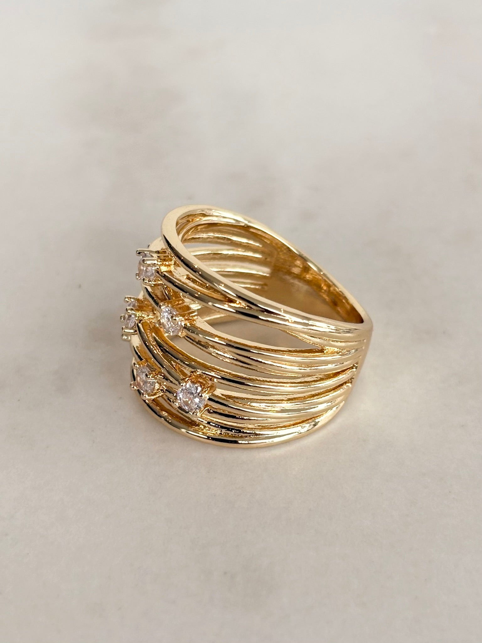 Gold Wide Lattice Ring with Scattered Jewels