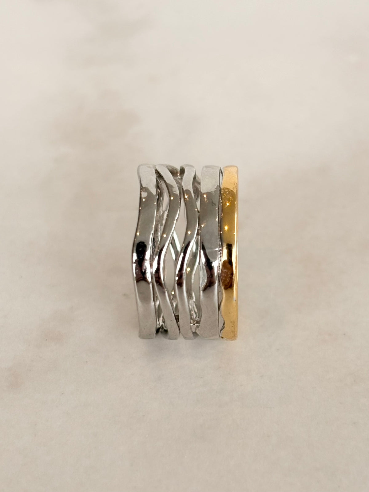 Wide Silver Wave Ring with Gold Rim Edge