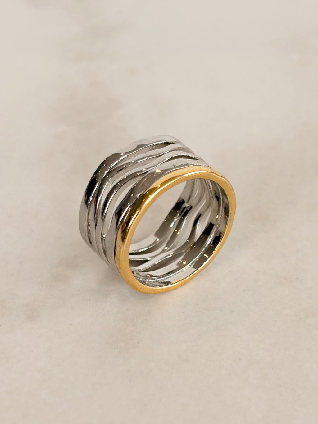 Wide Silver Wave Ring with Gold Rim Edge