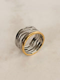 Wide Silver Wave Ring with Gold Rim Edge