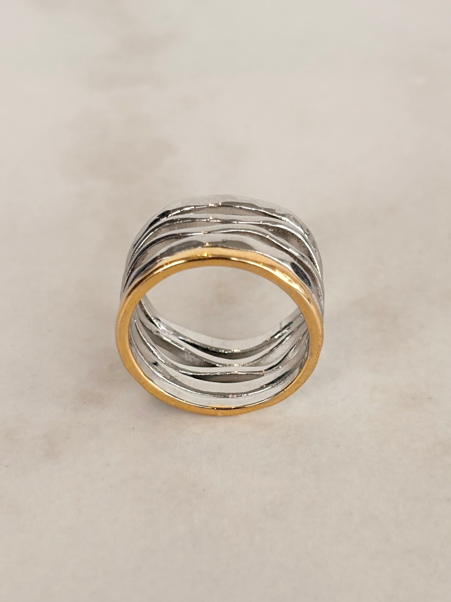Wide Silver Wave Ring with Gold Rim Edge