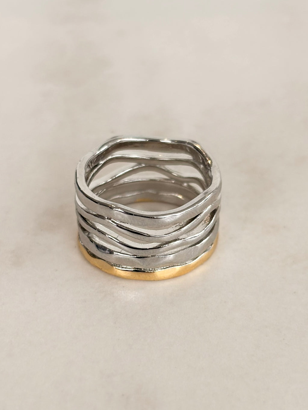 Wide Silver Wave Ring with Gold Rim Edge