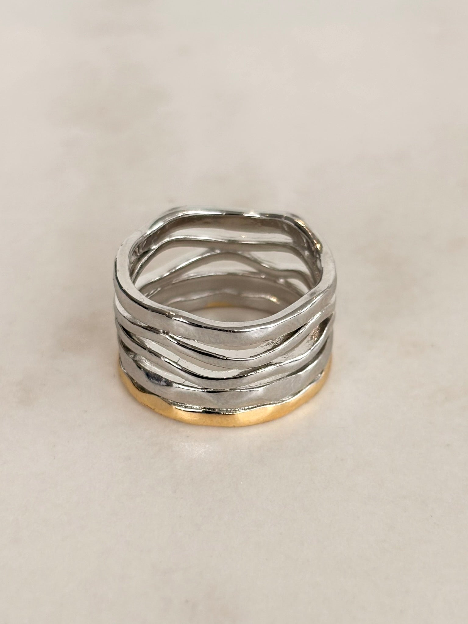 Wide Silver Wave Ring with Gold Rim Edge