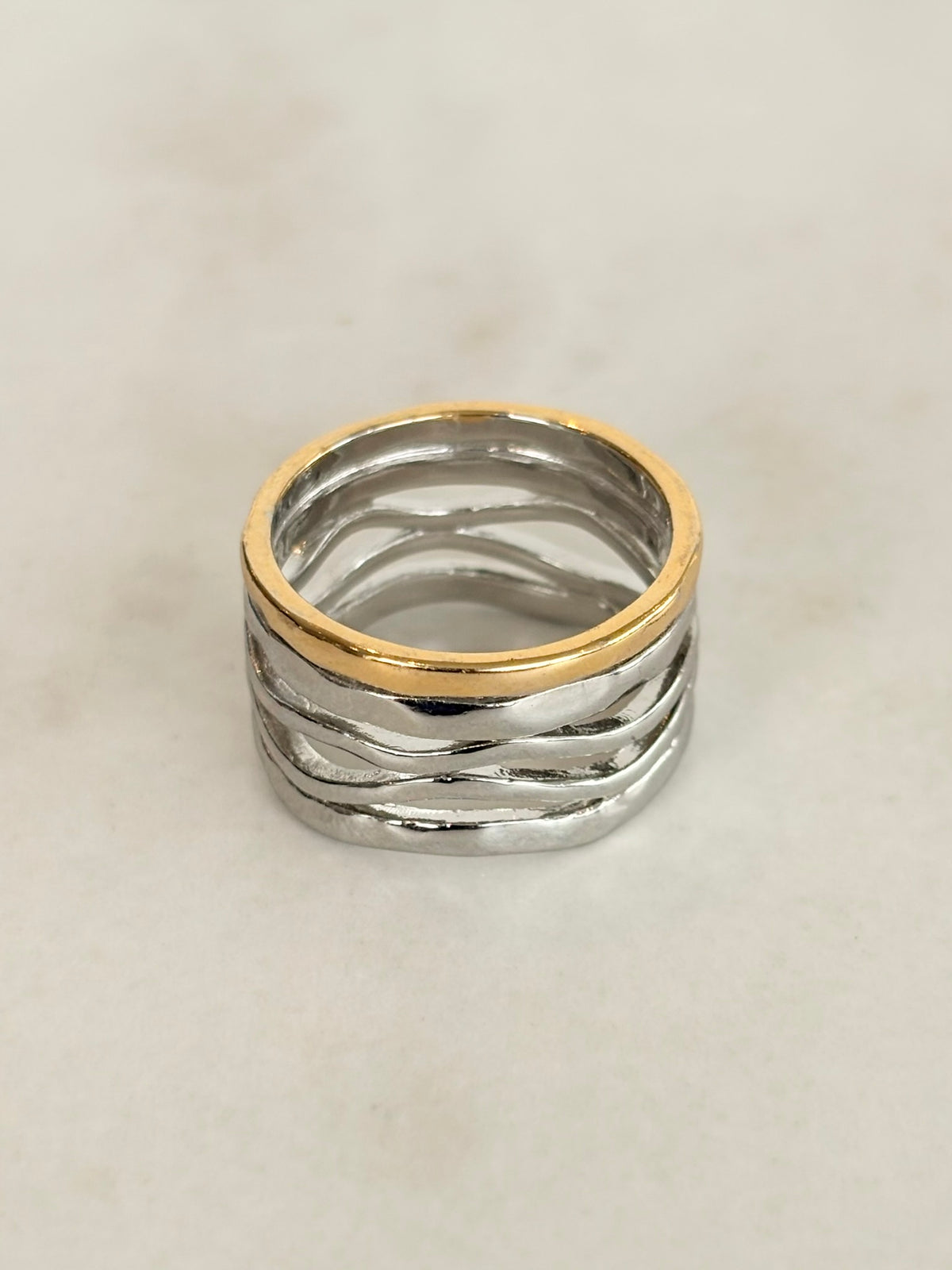 Wide Silver Wave Ring with Gold Rim Edge