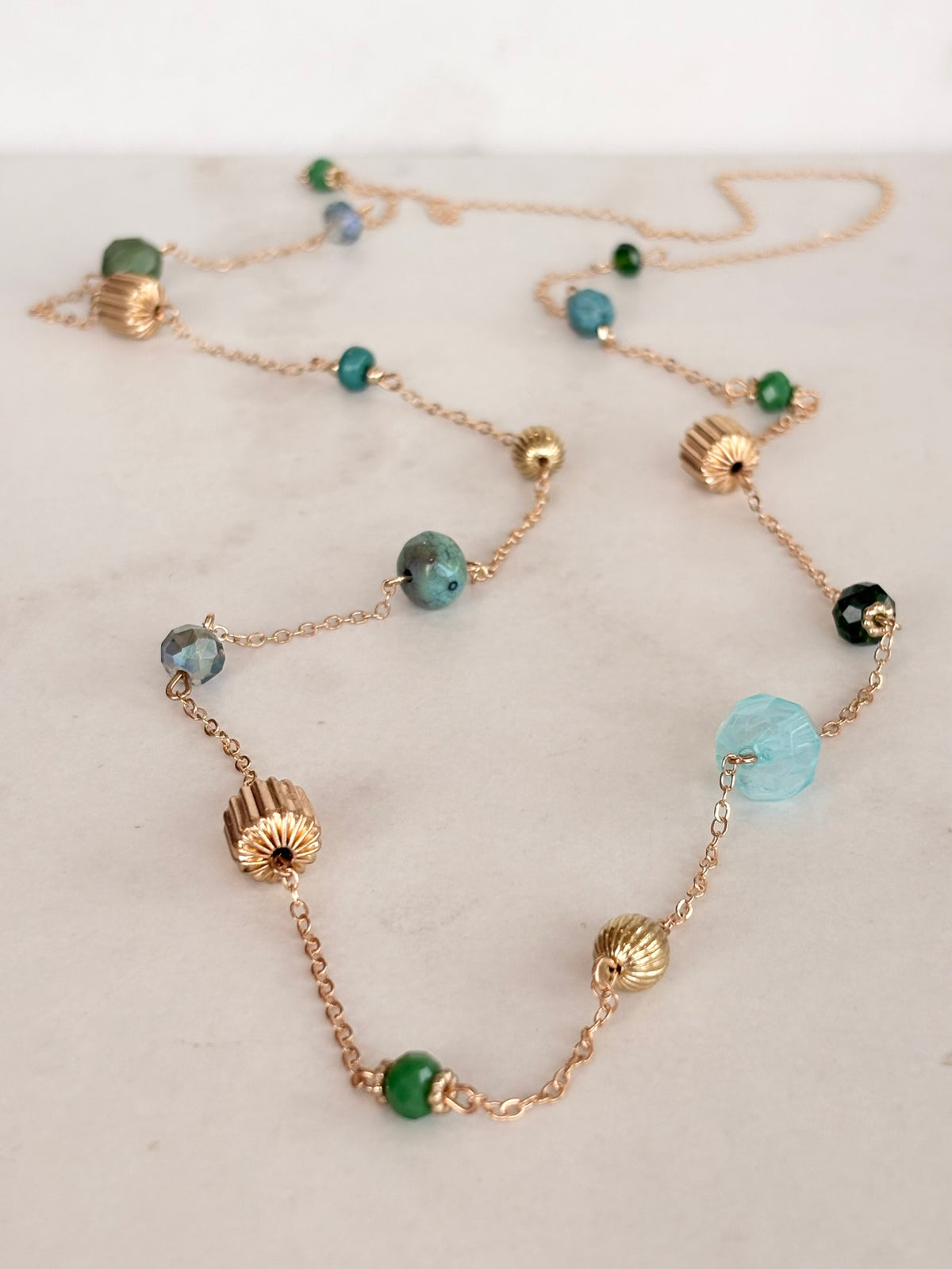 Green and Aqua Mixed Bead Station Necklace