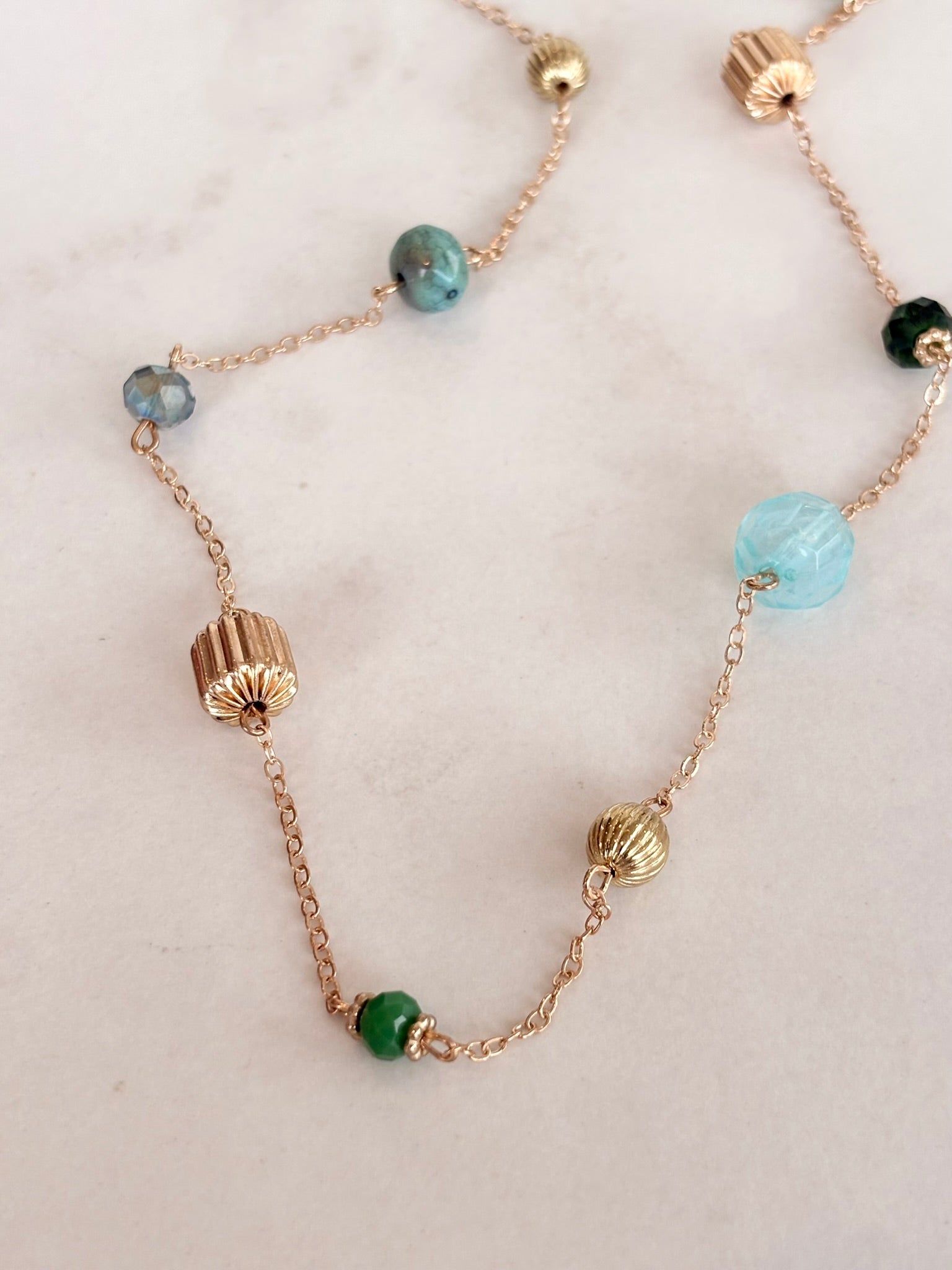 Green and Aqua Mixed Bead Station Necklace