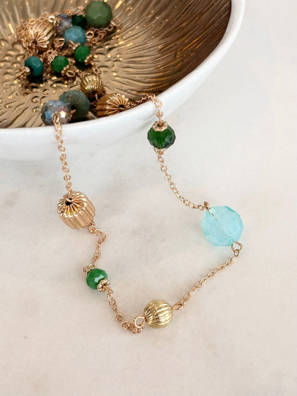 Green and Aqua Mixed Bead Station Necklace