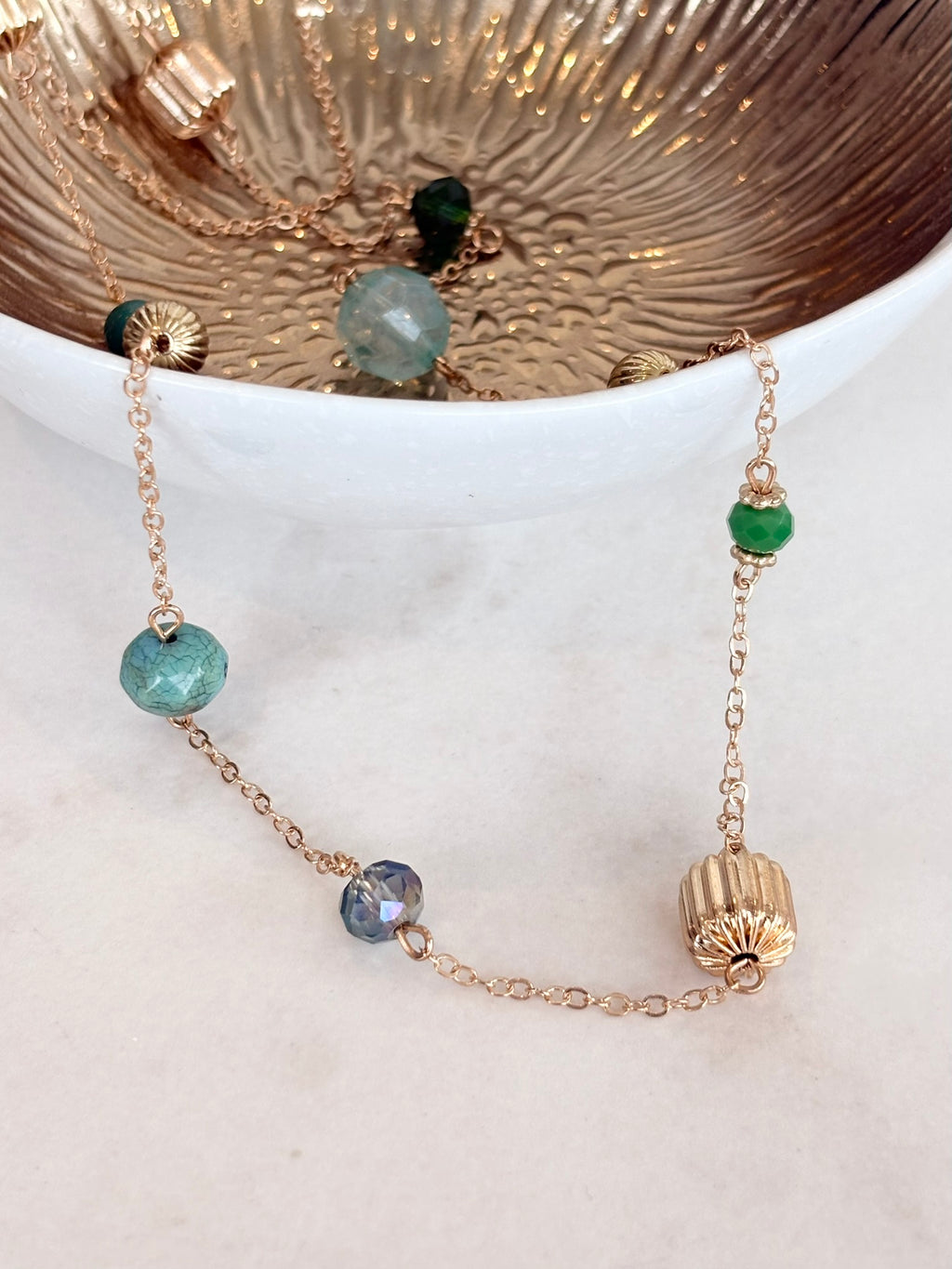 Green and Aqua Mixed Bead Station Necklace