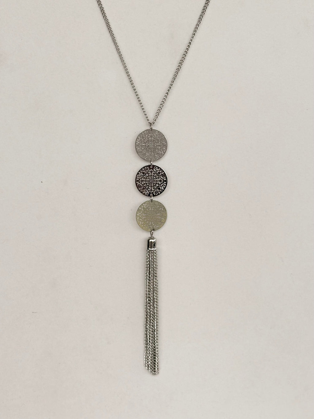 Silver Filigree Disc Tassel Necklace