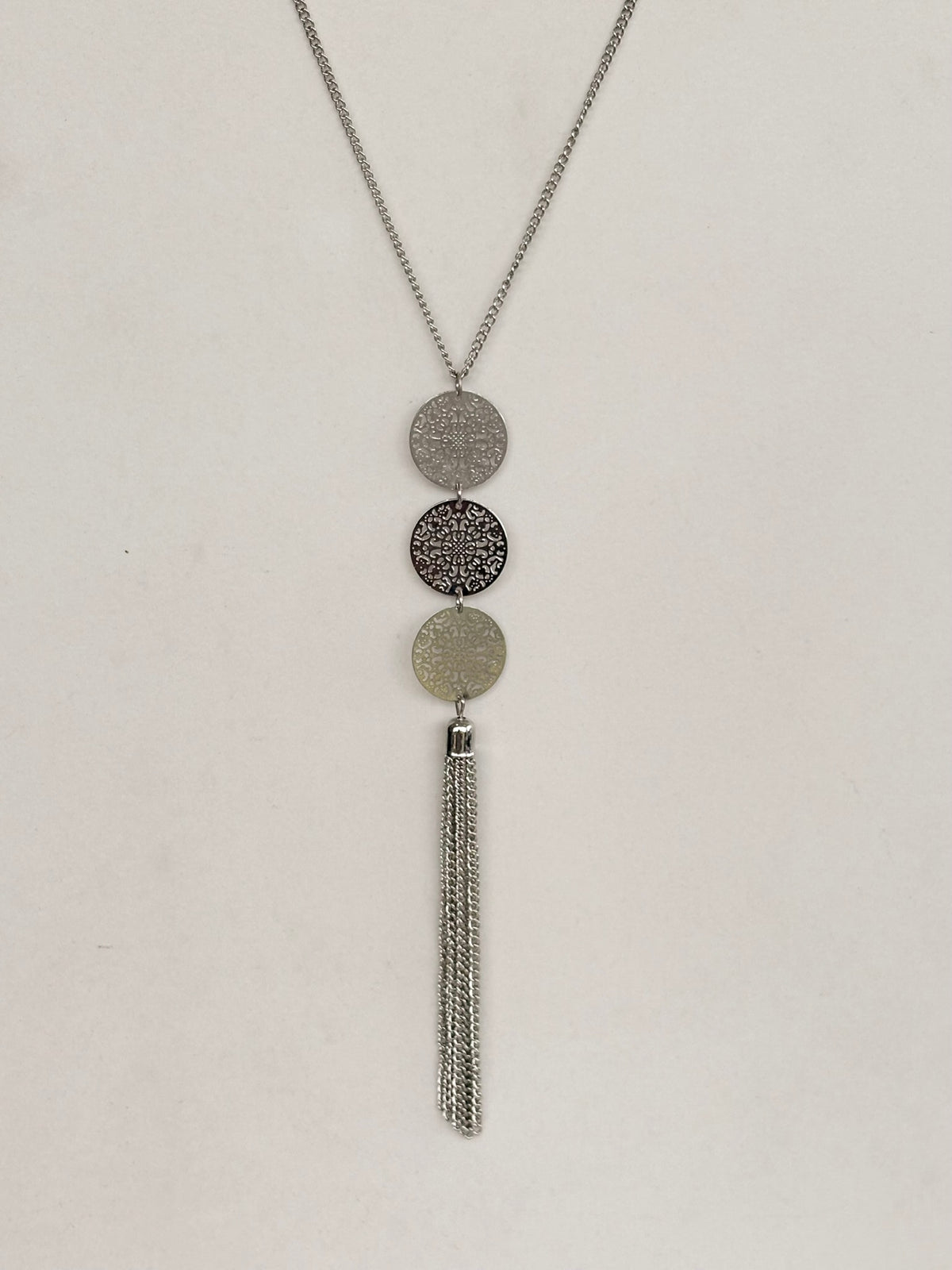 Silver Filigree Disc Tassel Necklace