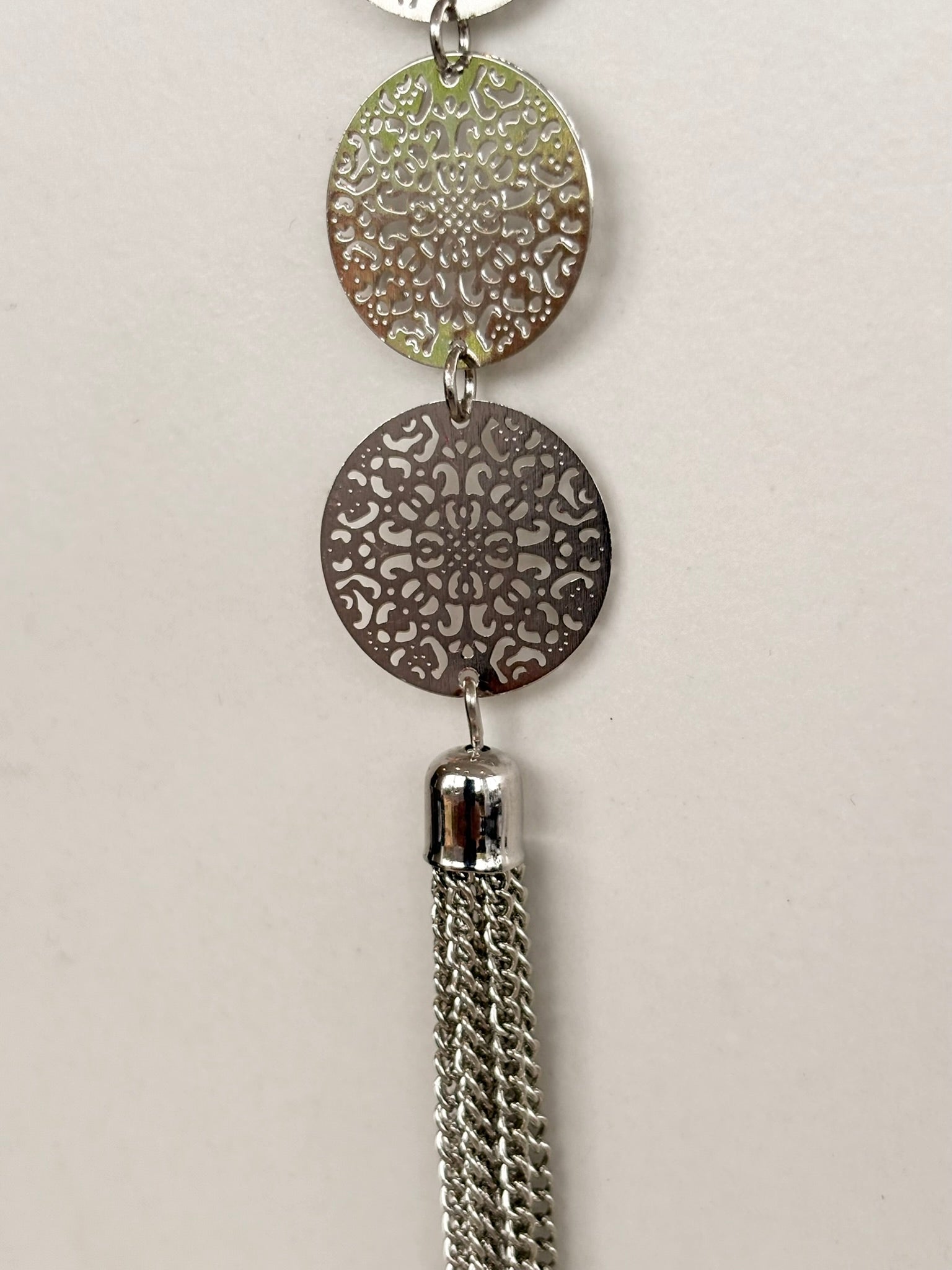 Silver Filigree Disc Tassel Necklace