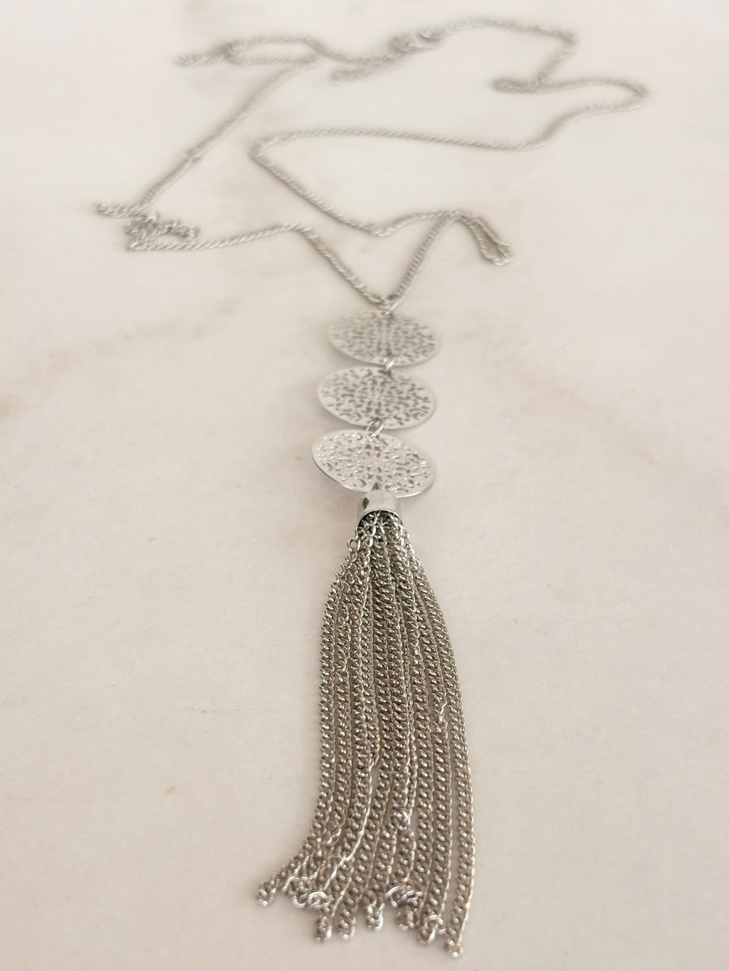 Silver Filigree Disc Tassel Necklace