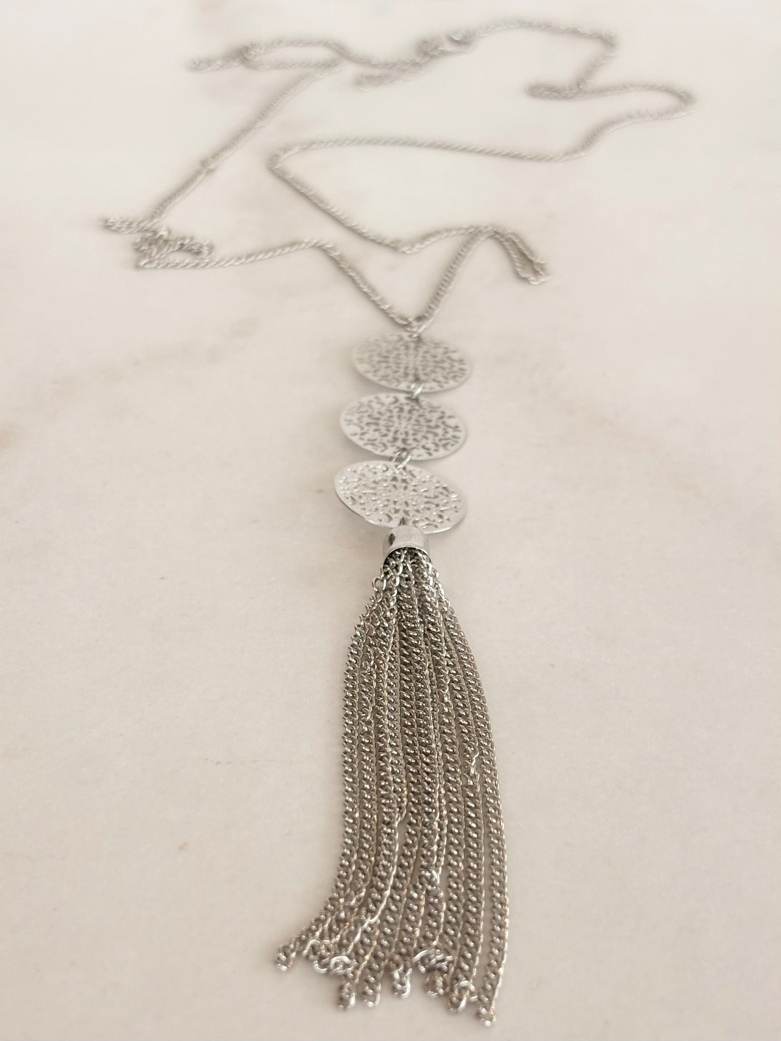 Silver Filigree Disc Tassel Necklace