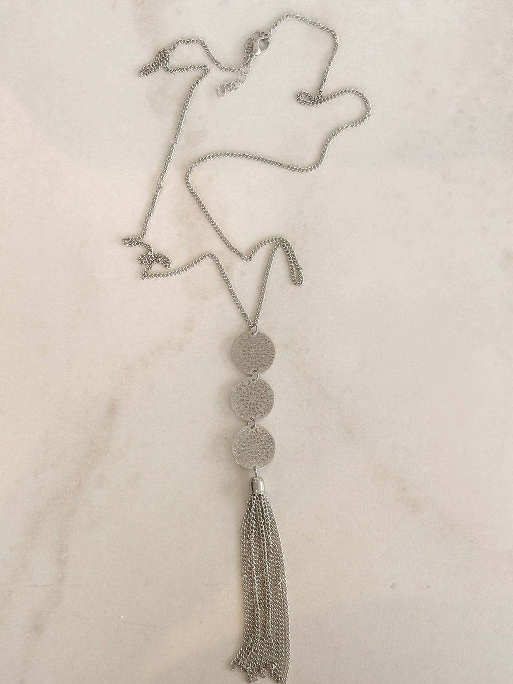 Silver Filigree Disc Tassel Necklace