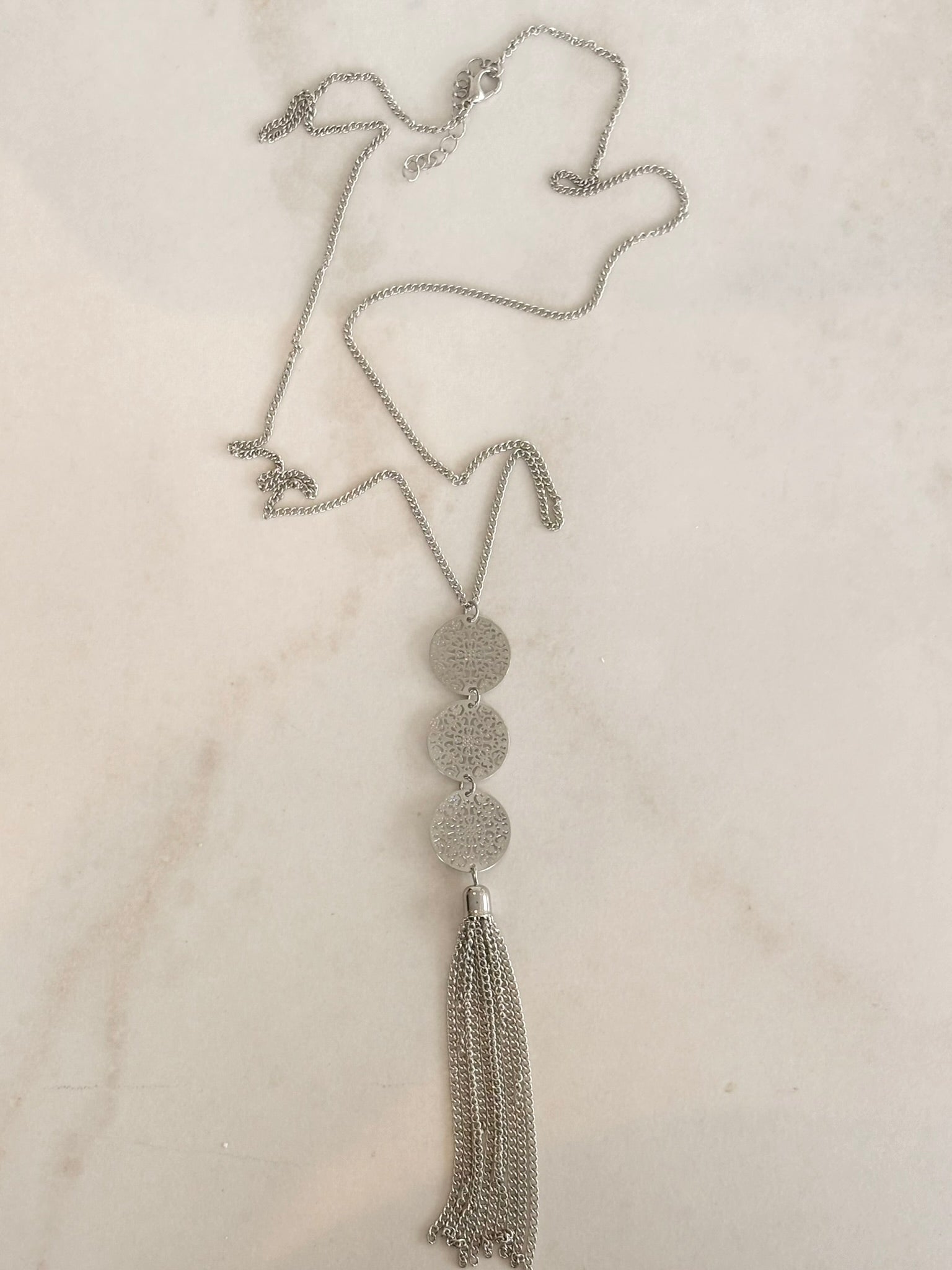 Silver Filigree Disc Tassel Necklace