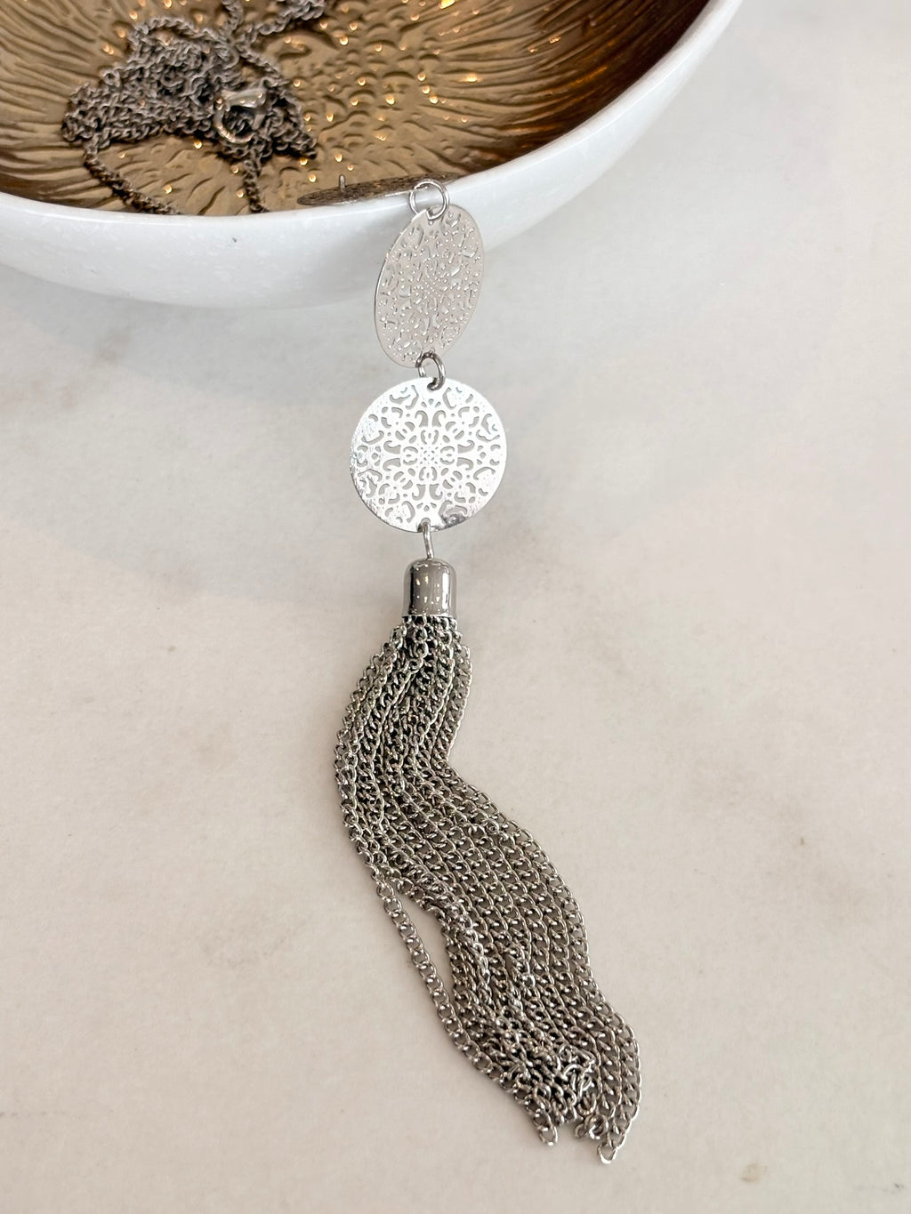 Silver Filigree Disc Tassel Necklace