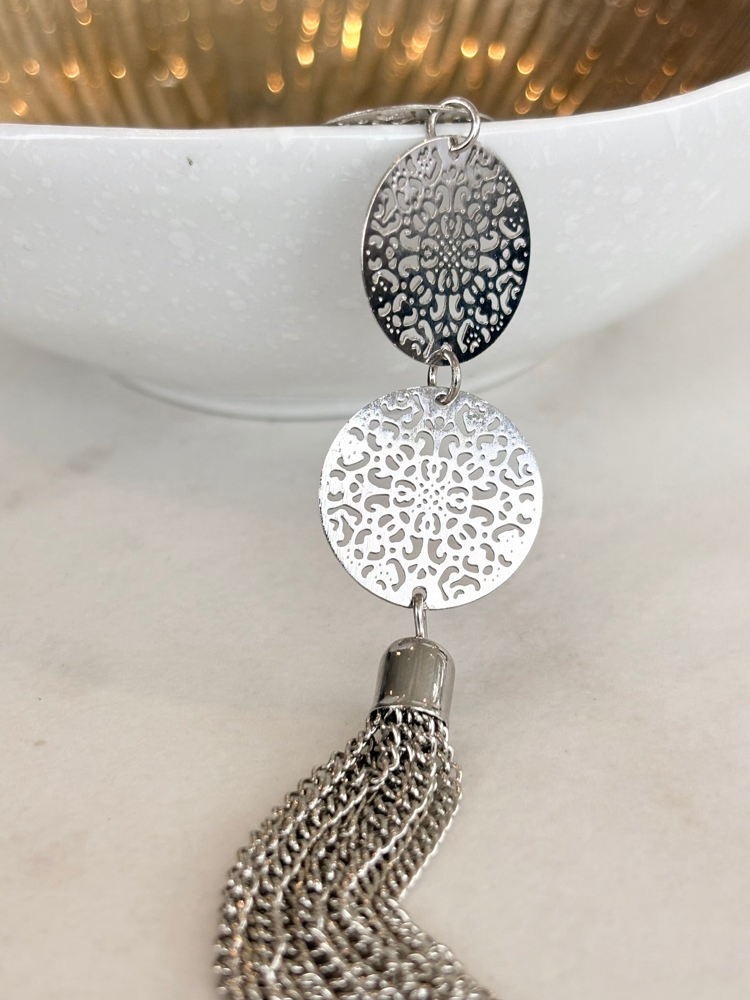 Silver Filigree Disc Tassel Necklace