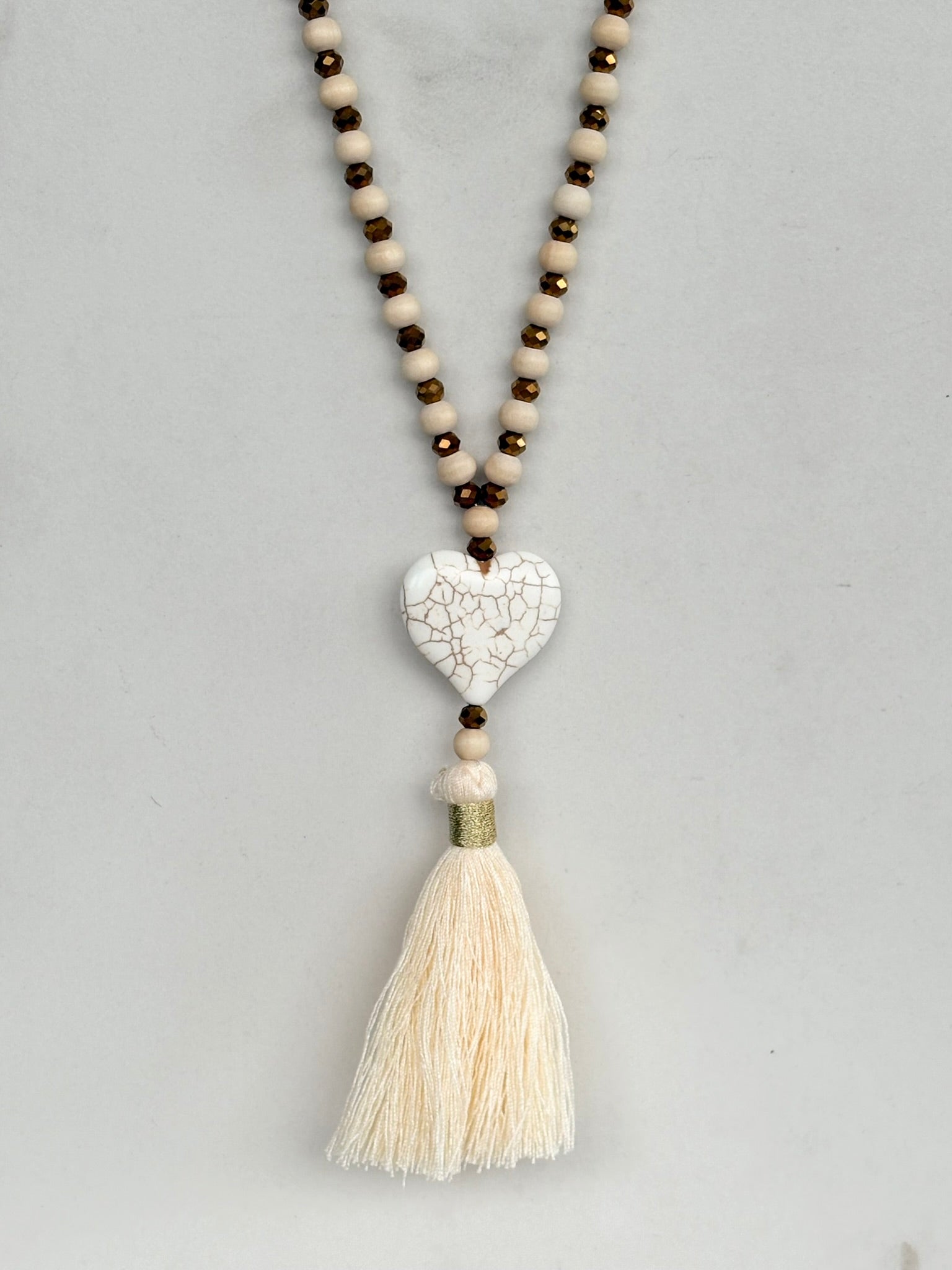 White Wood Bead Necklace with Heart Pendant and Tassel