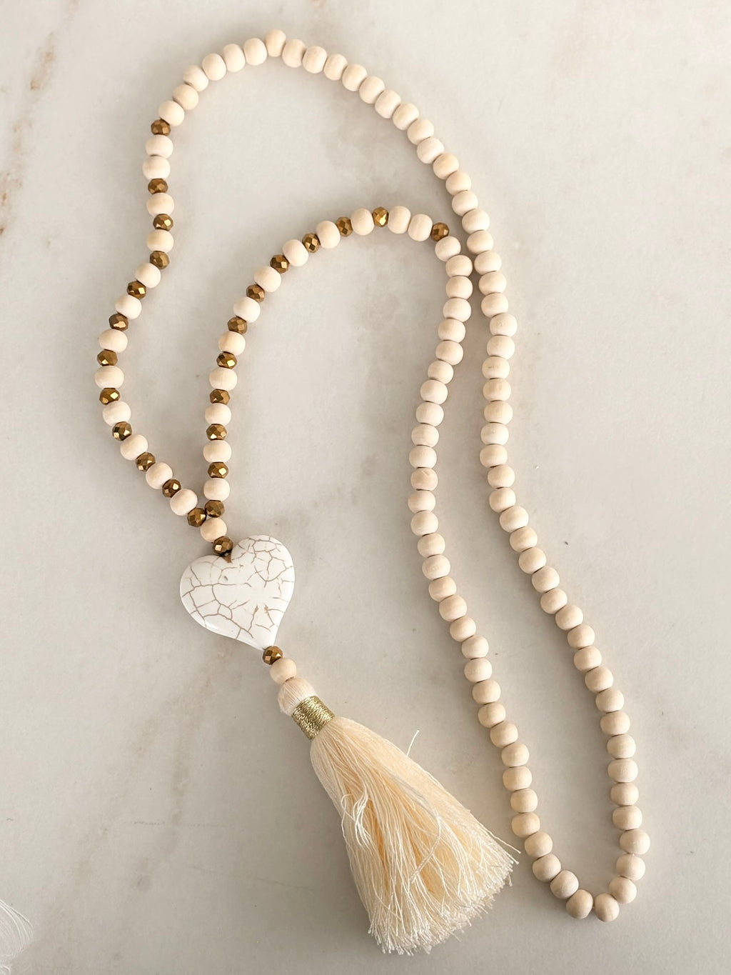 White Wood Bead Necklace with Heart Pendant and Tassel
