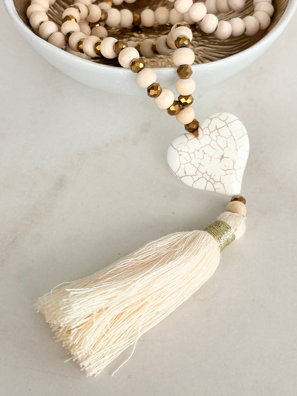 White Wood Bead Necklace with Heart Pendant and Tassel