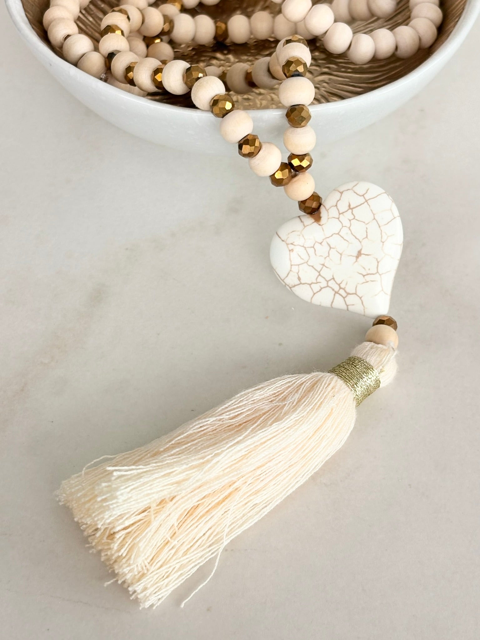 White Wood Bead Necklace with Heart Pendant and Tassel