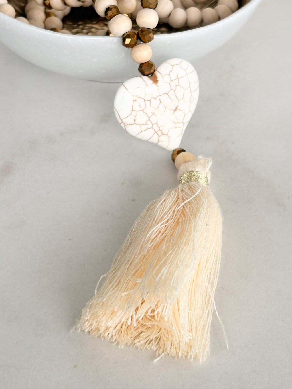 White Wood Bead Necklace with Heart Pendant and Tassel