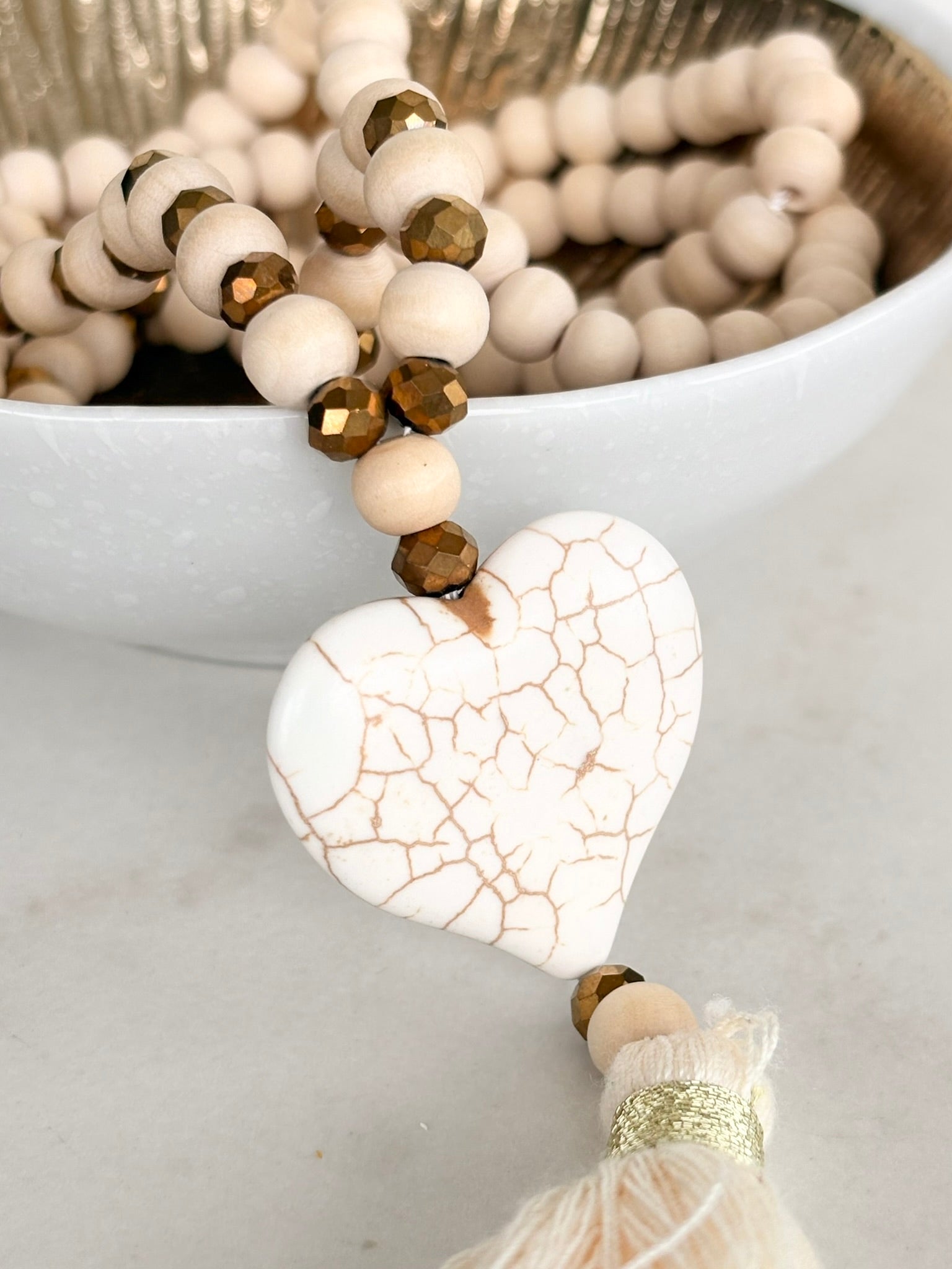 White Wood Bead Necklace with Heart Pendant and Tassel