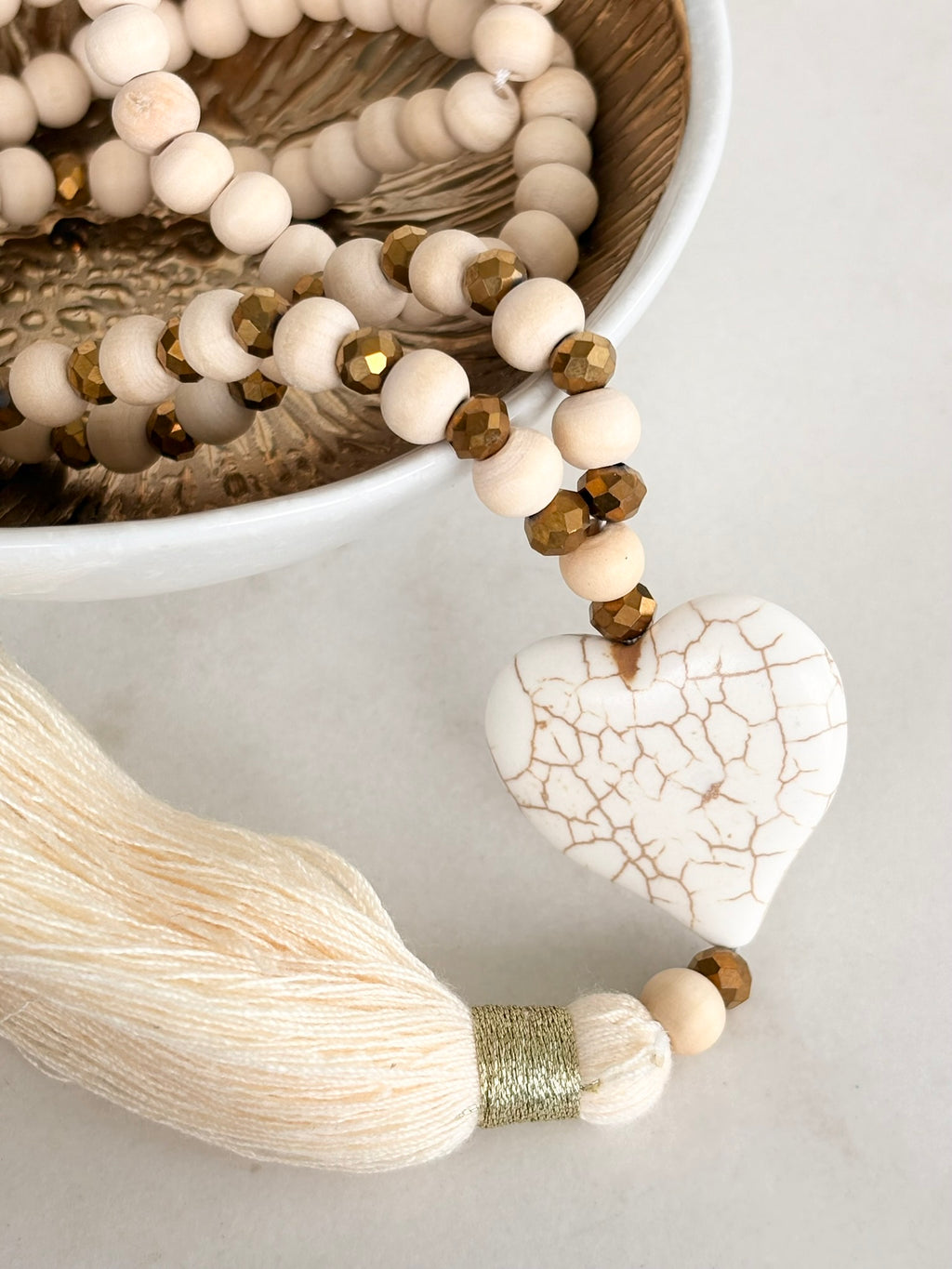 White Wood Bead Necklace with Heart Pendant and Tassel
