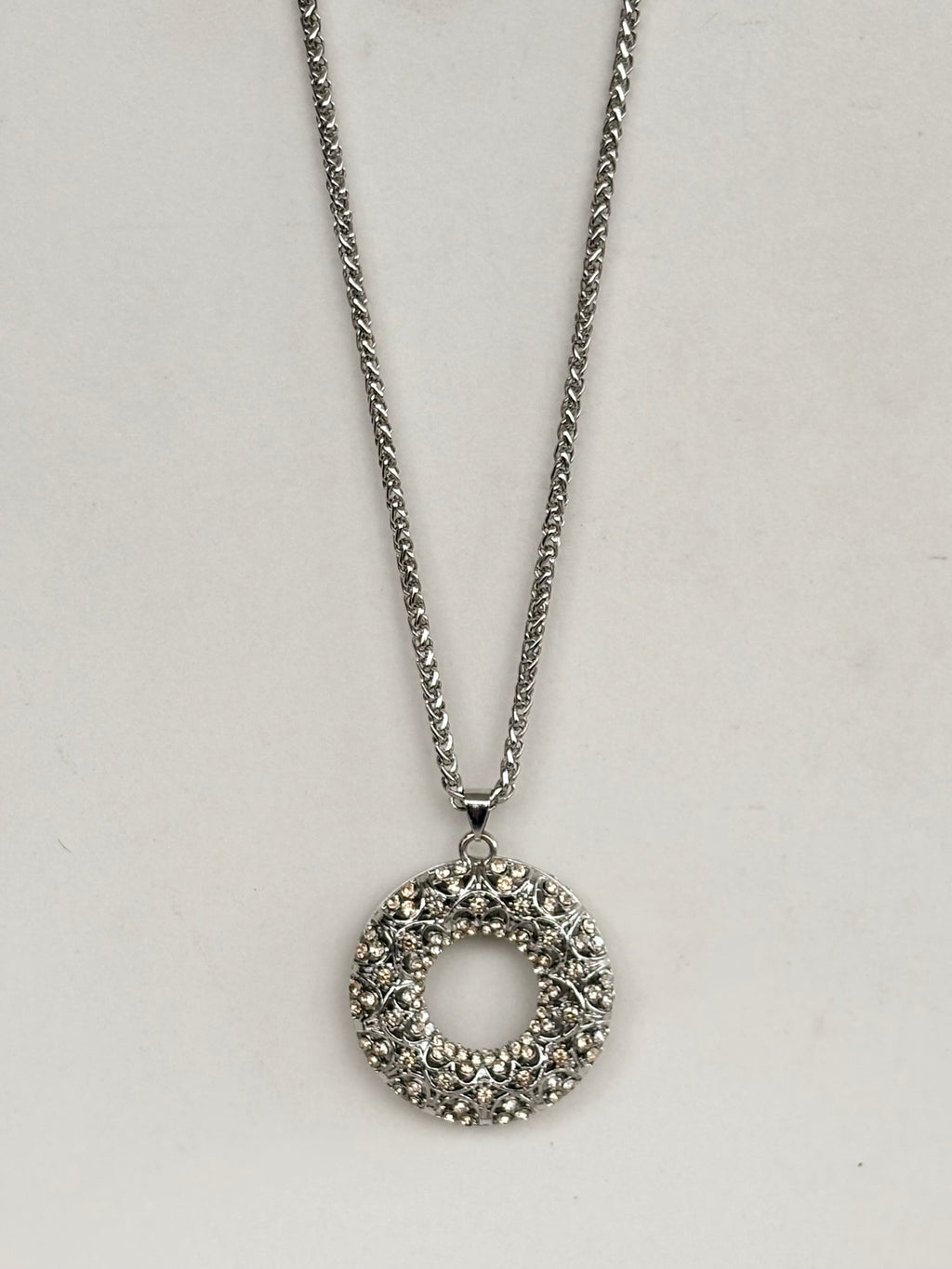 Silver Crystal Filigree Circle Pendant Necklace