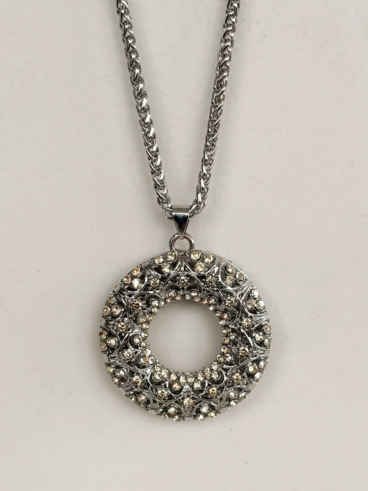 Silver Crystal Filigree Circle Pendant Necklace