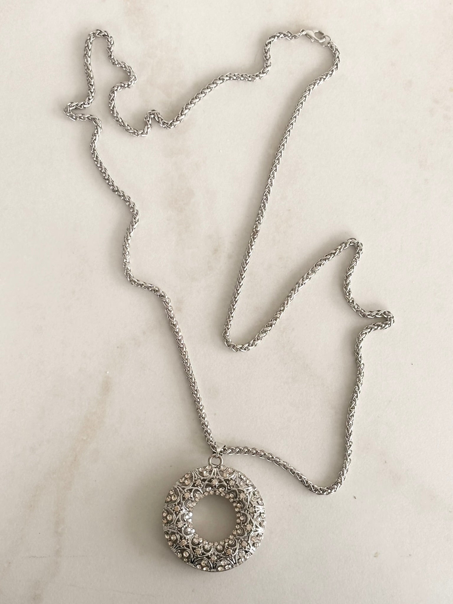 Silver Crystal Filigree Circle Pendant Necklace