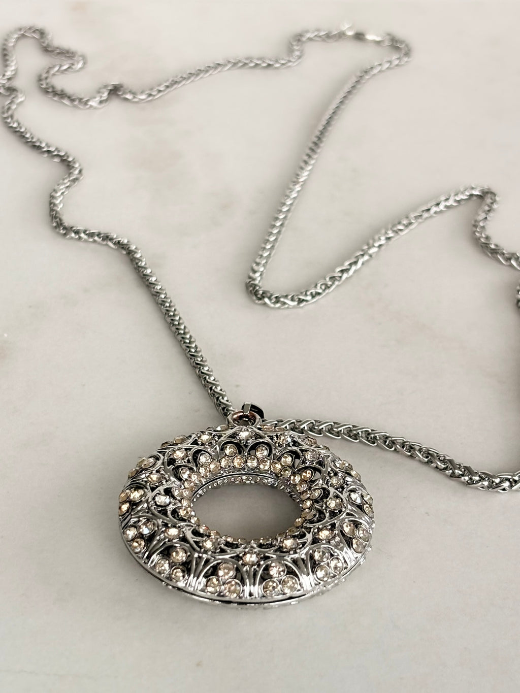 Silver Crystal Filigree Circle Pendant Necklace